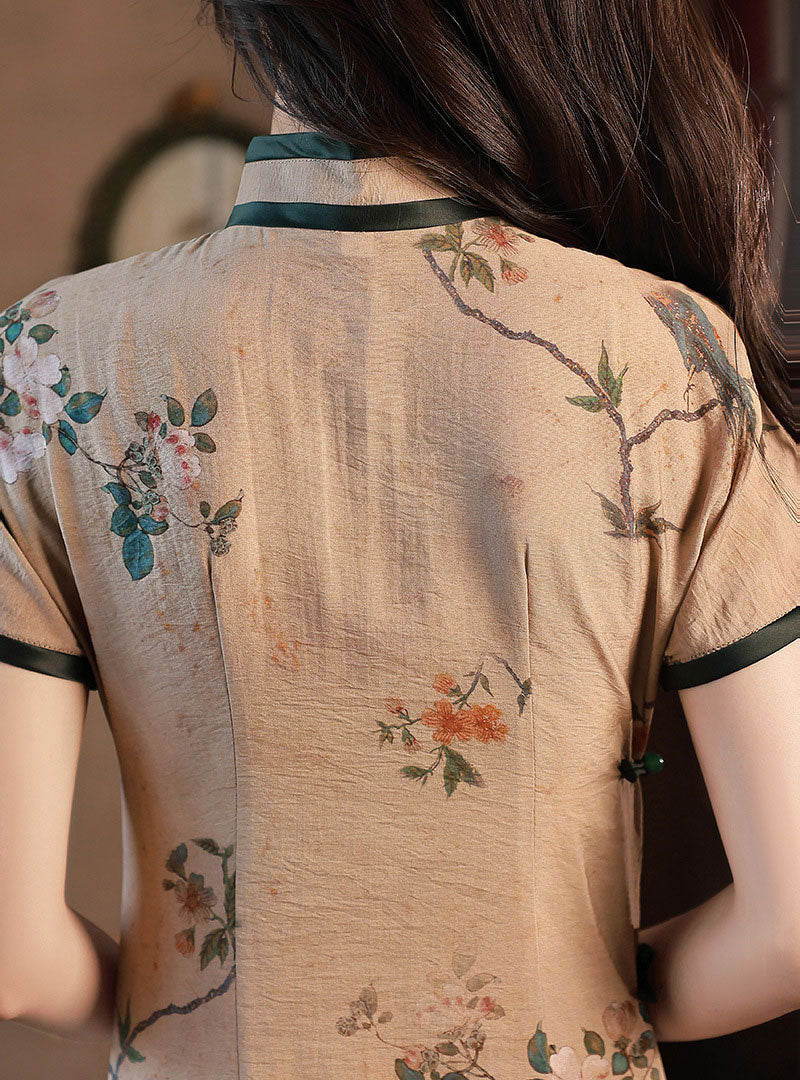 Floral Linen Tea Dress - Vintage Chinese Cheongsam Qipao for Women | Summer Boho Style Dress for Garden Party, Tea Ceremony & Special Occasions