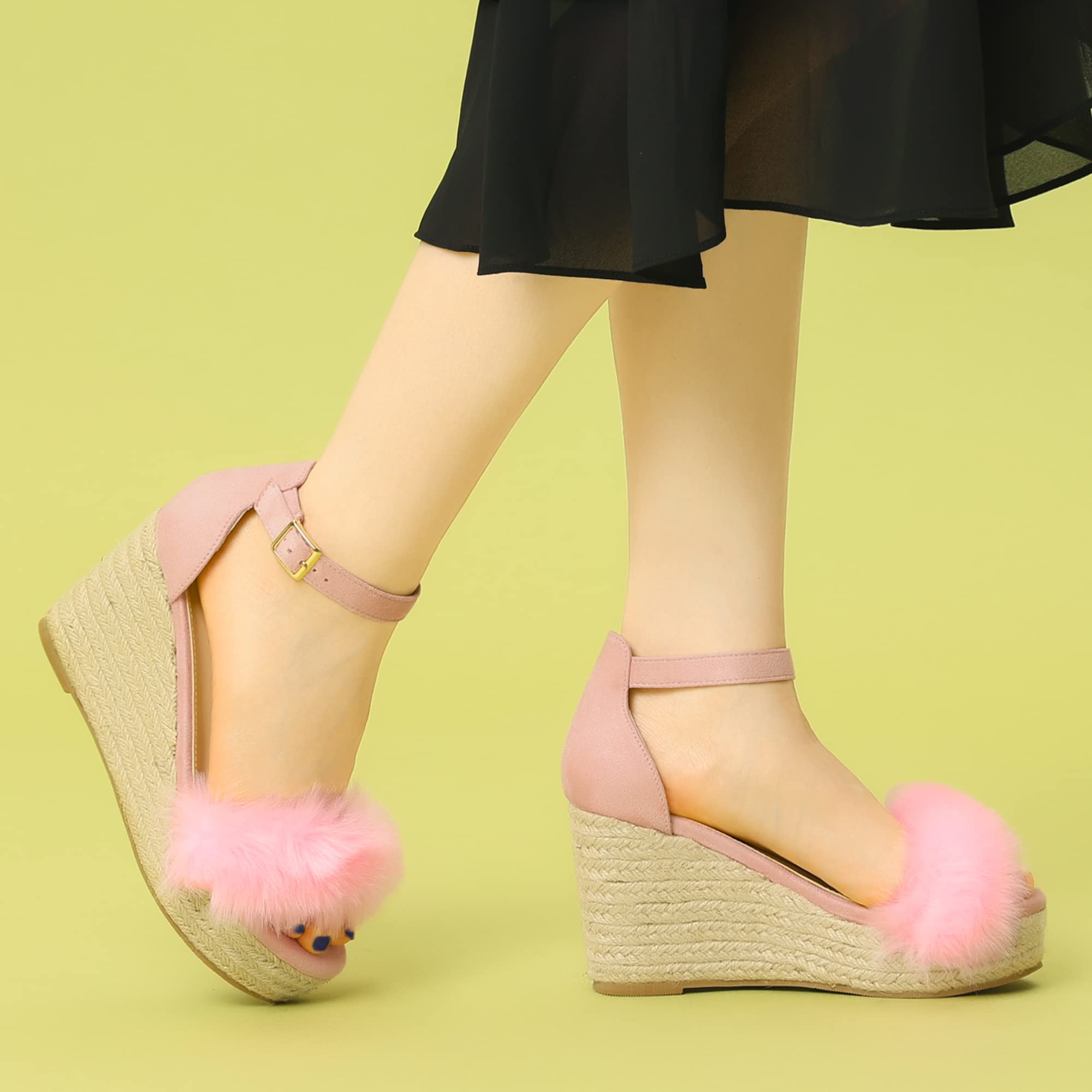 Allegra K Women's Faux Fur Wedge Espadrille Platform Heels - Comfortable Summer Sandals for Casual Outings & Beach Vacations