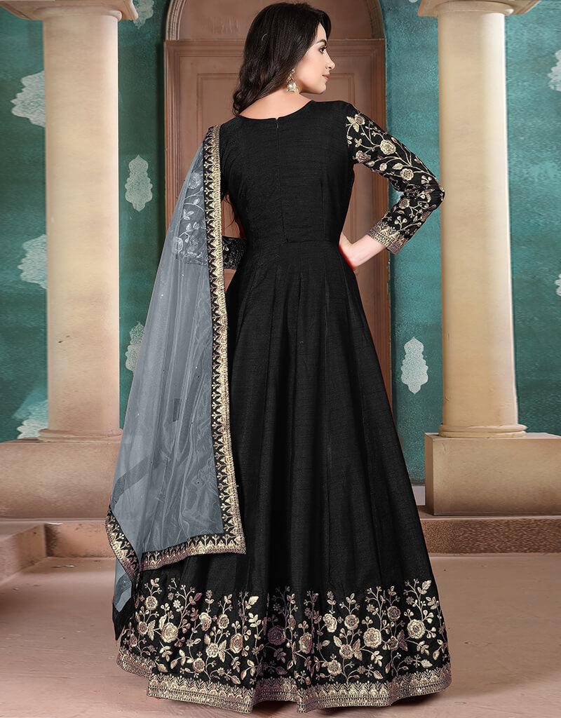 Elegant Black Silk Anarkali Dress for Women - Traditional Indian Party Wear for Weddings, Festivals & Special Occasions