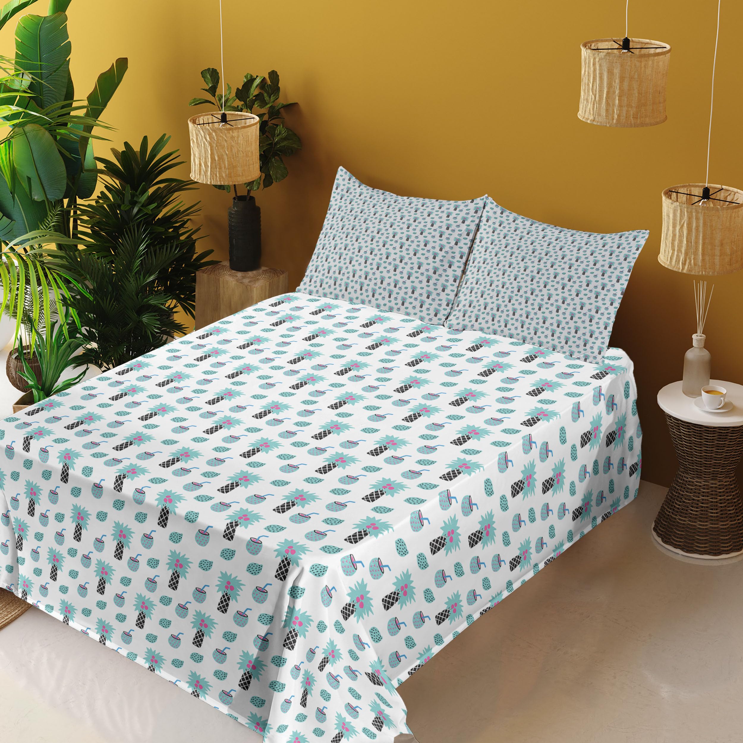 Ambesonne Exotic 4-Piece King Size Sheet Set - Tropical Lemon & Pineapple Hipster Fruit Print, Aqua Magenta & Black Bedding Set with Fitted Sheet, Flat Sheet & Pillowcases | Perfect for Summer Bedroom Decor, Guest Room Makeover or Beach House Retreat