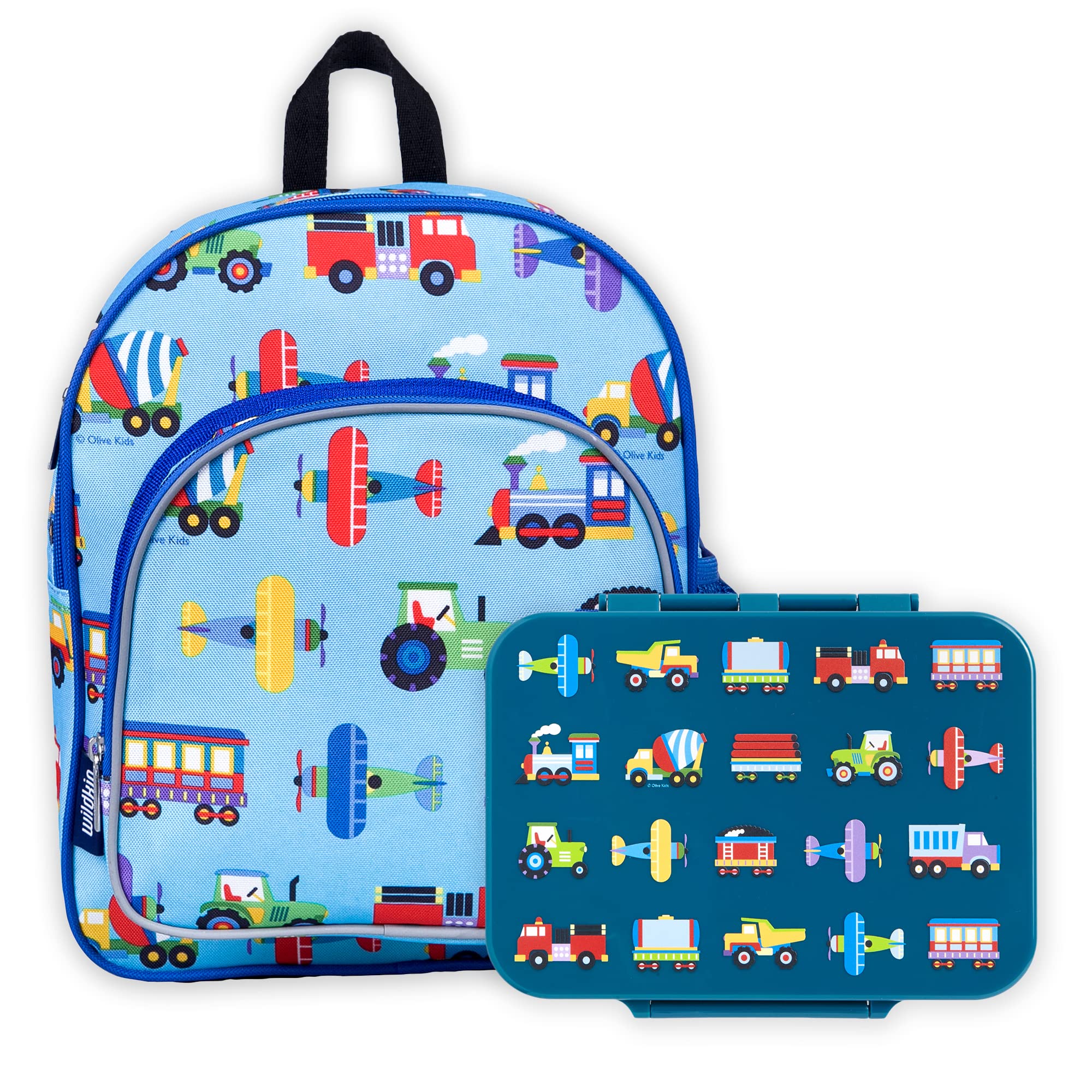 Wildkin Kids 12 Inch Backpack Set with Bento Lunch Box - Trains, Planes & Trucks Design - Perfect for School, Travel & Daycare