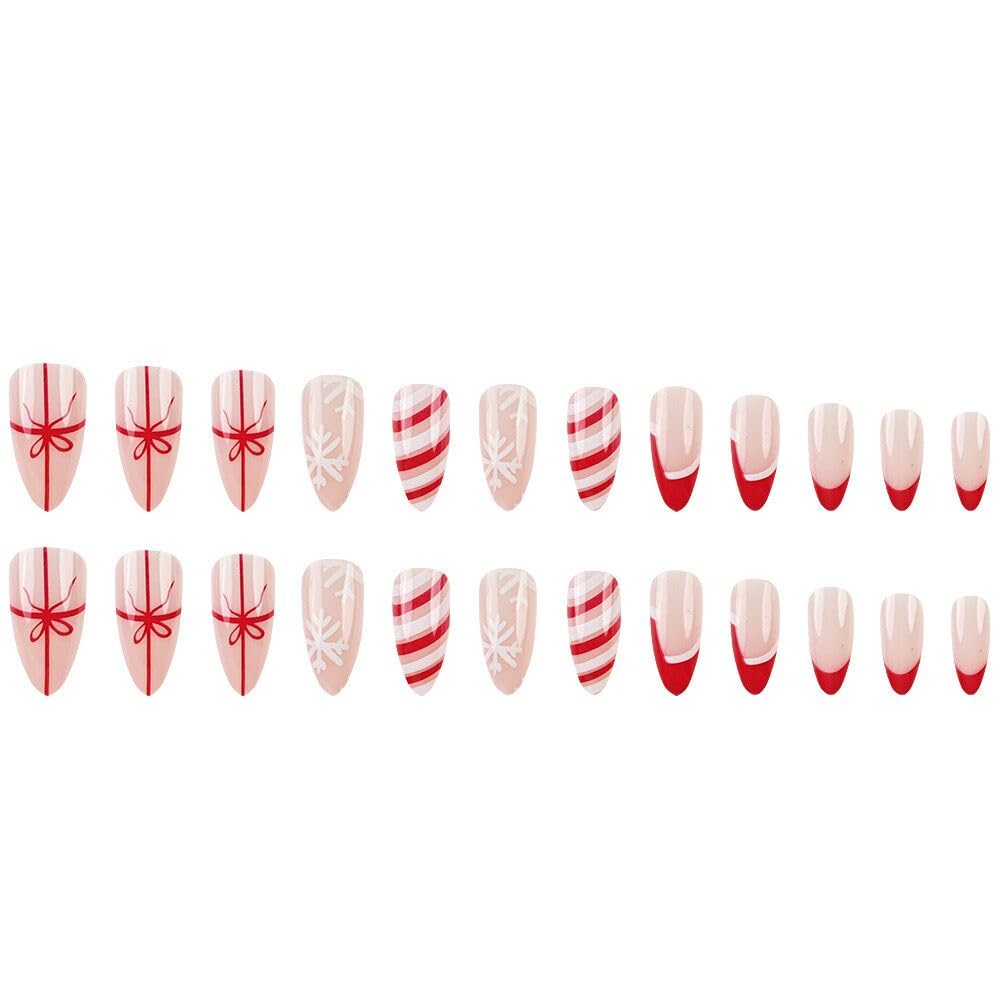 24Pcs Christmas Press on Nails - Almond Shape Fake Nails with Red Christmas Hat & French Tip Designs | Acrylic Glue on Nails | Glossy Full Cover Snowflake Bow Stick on Nails for Women | Perfect for Holiday Parties, Gift Giving & Festive Nail Art