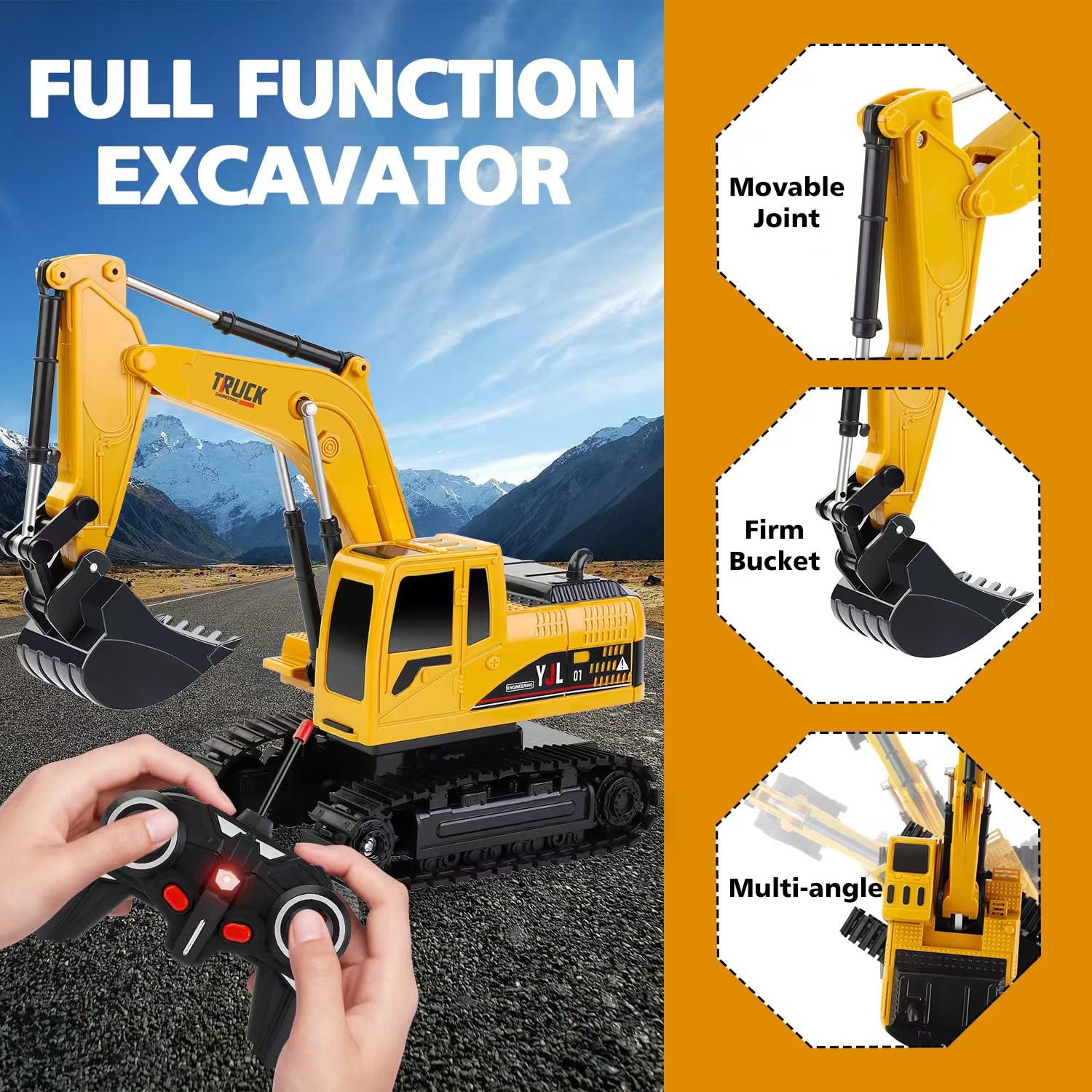 2.4Ghz Remote Control Excavator Toy for Kids - RC Construction Vehicle with Realistic Functions for Boys & Girls Ages 8-12 | Outdoor Play, Birthday Gifts, Construction Pretend Play