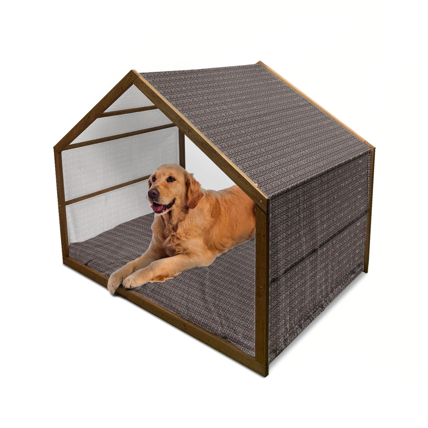 Ambesonne African Wooden Dog House - Large Portable Indoor & Outdoor Pet Kennel with Pillow & Cover, Vibrant Tribal Print in Zig Zag Stripes & Dots - Perfect for Home, Yard, Camping & Travel (X-Large, Multicolor)