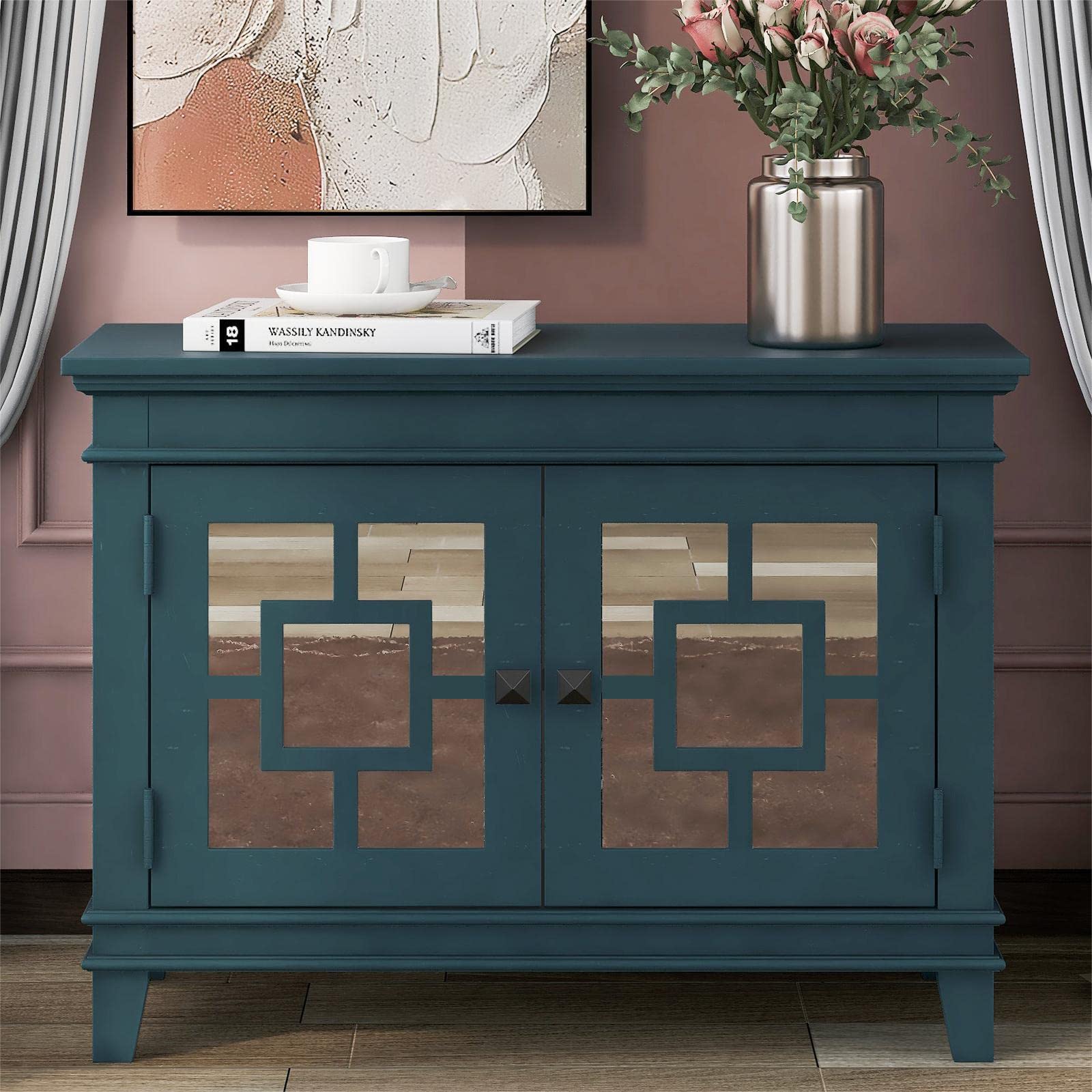 Elegant Wooden Accent Storage Cabinet with Decorative Mirror Door - Buffet Sideboard Console Table for Entryway, Living Room, Bedroom - Perfect for Home Decor & Organization (Blue Mirror Finish)