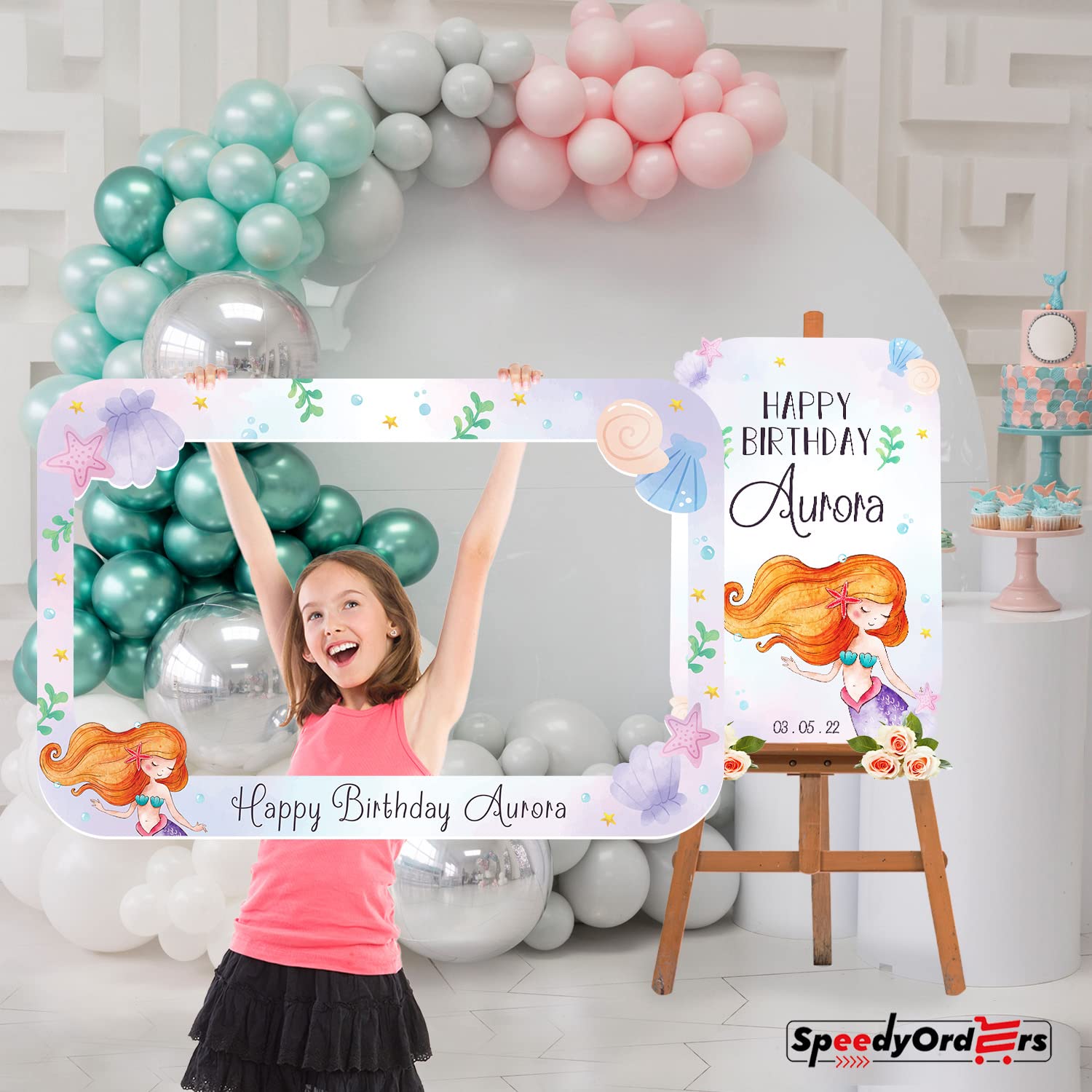 Custom Mermaid Birthday Party Sign & Photo Booth Frame Set - Mermaid Theme Party Decorations & Favors - Perfect for Kids Birthday, Baby Shower & Themed Events