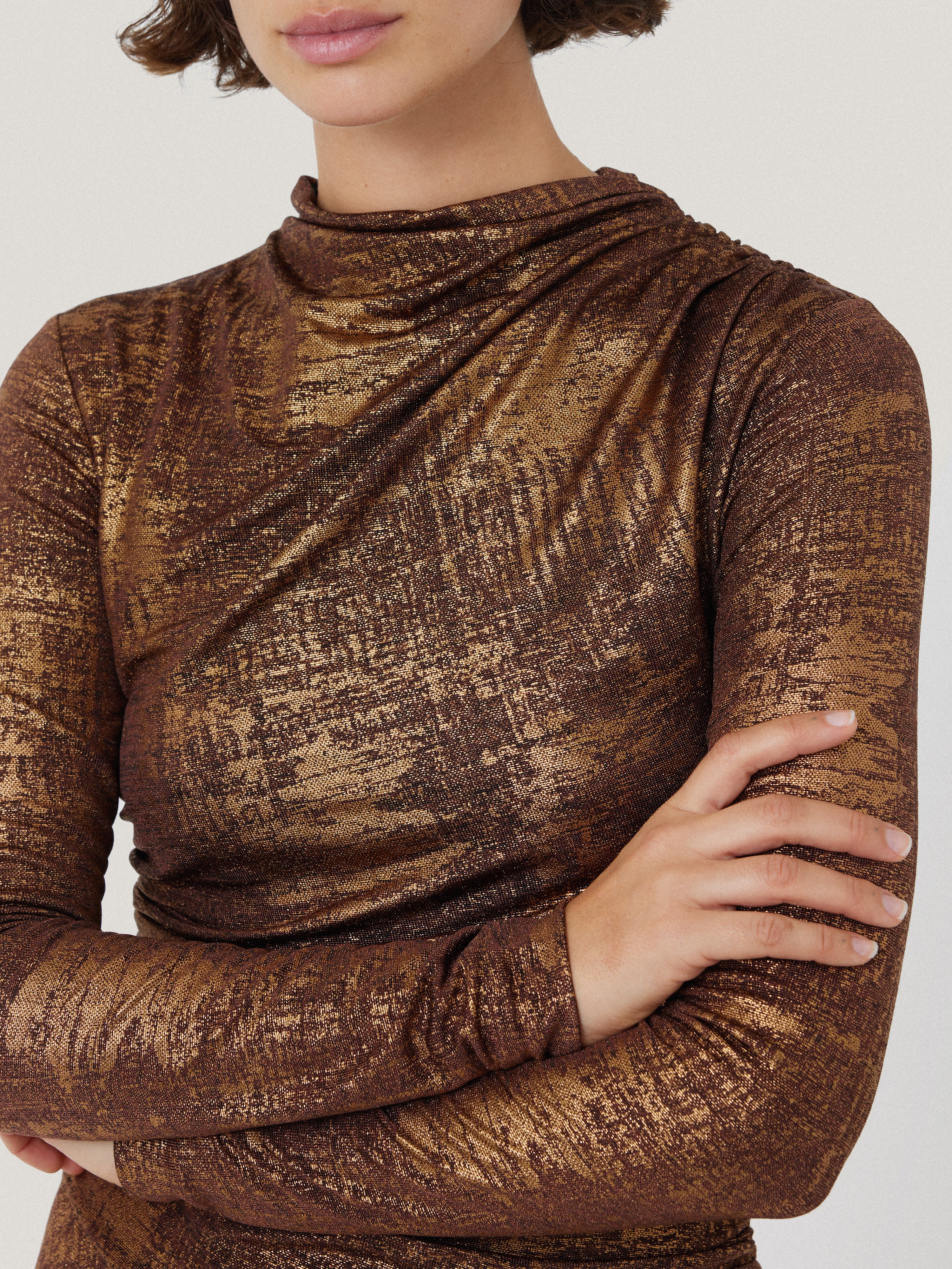 Elegant Brushed Bronze Draped Dress for Women - Perfect for Evening Parties, Weddings & Special Occasions