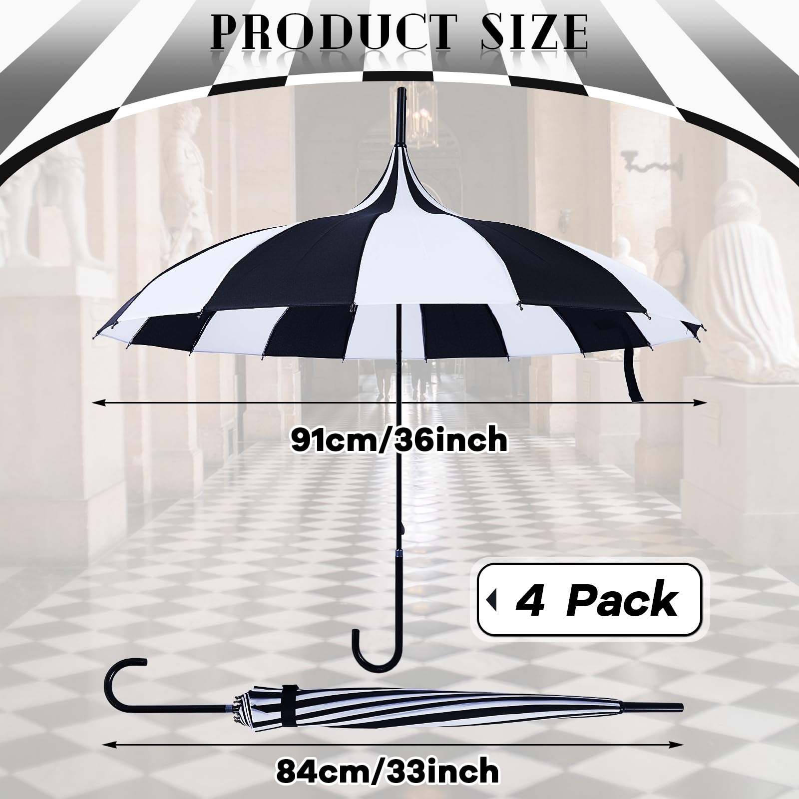 4 Pack Gothic Pagoda Umbrella - Large Black & White Sun Protection Parasol with Long Handle for Women | UV Protection Outdoor Umbrella for Beach, Garden & Gothic Fashion Accessory