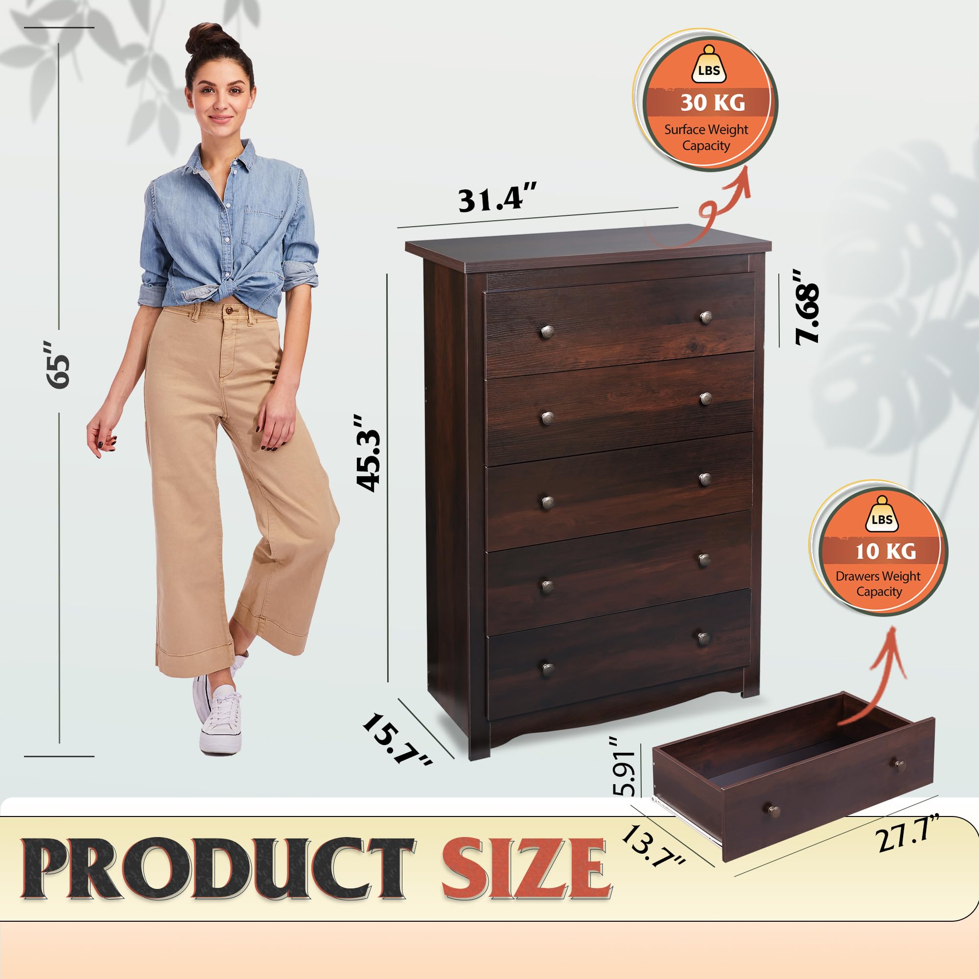 WLIVE 5-Drawer Wooden Dresser for Bedroom - Solid Wood Chest of Drawers with Spacious Storage, 15.7