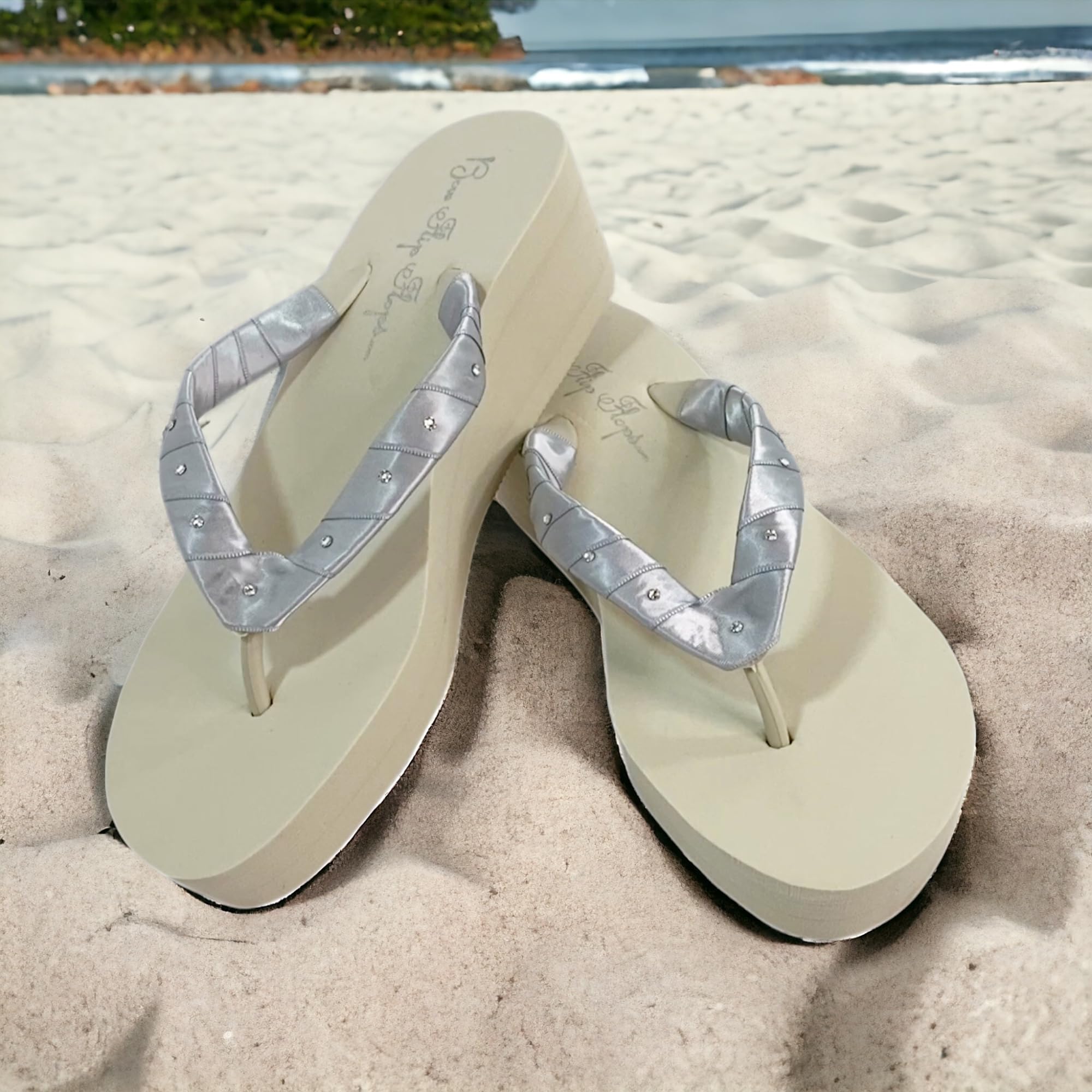 Sparkling Crystal Rhinestone Embellished Wedge Flip Flops - Ivory & White | Comfortable Summer Sandals for Beach, Pool, and Casual Outings