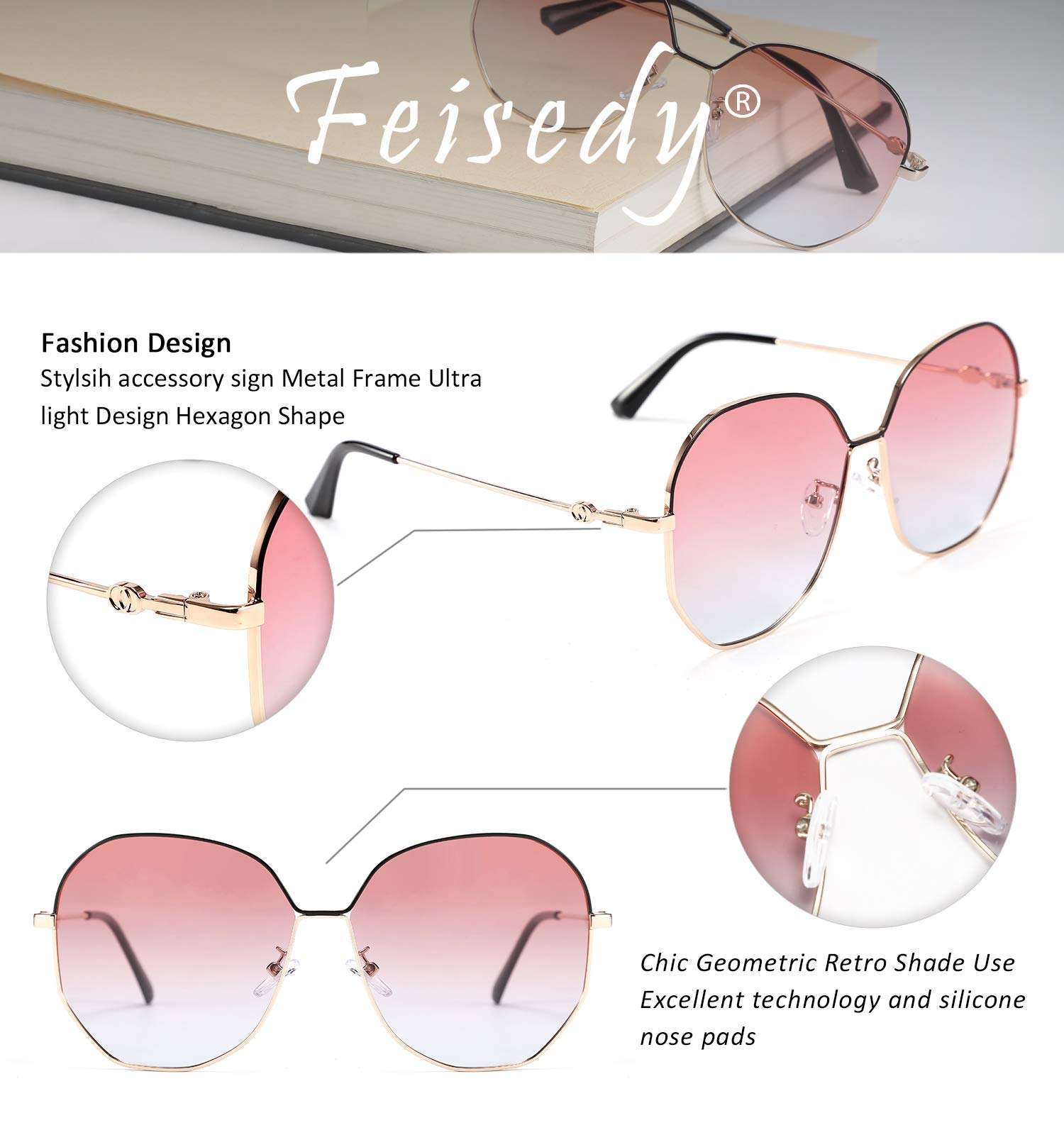 FEISEDY Hexagon Sunglasses for Women - Gradient Lens, Metal Frame, UV Protection - Perfect for Beach, Driving & Outdoor Activities