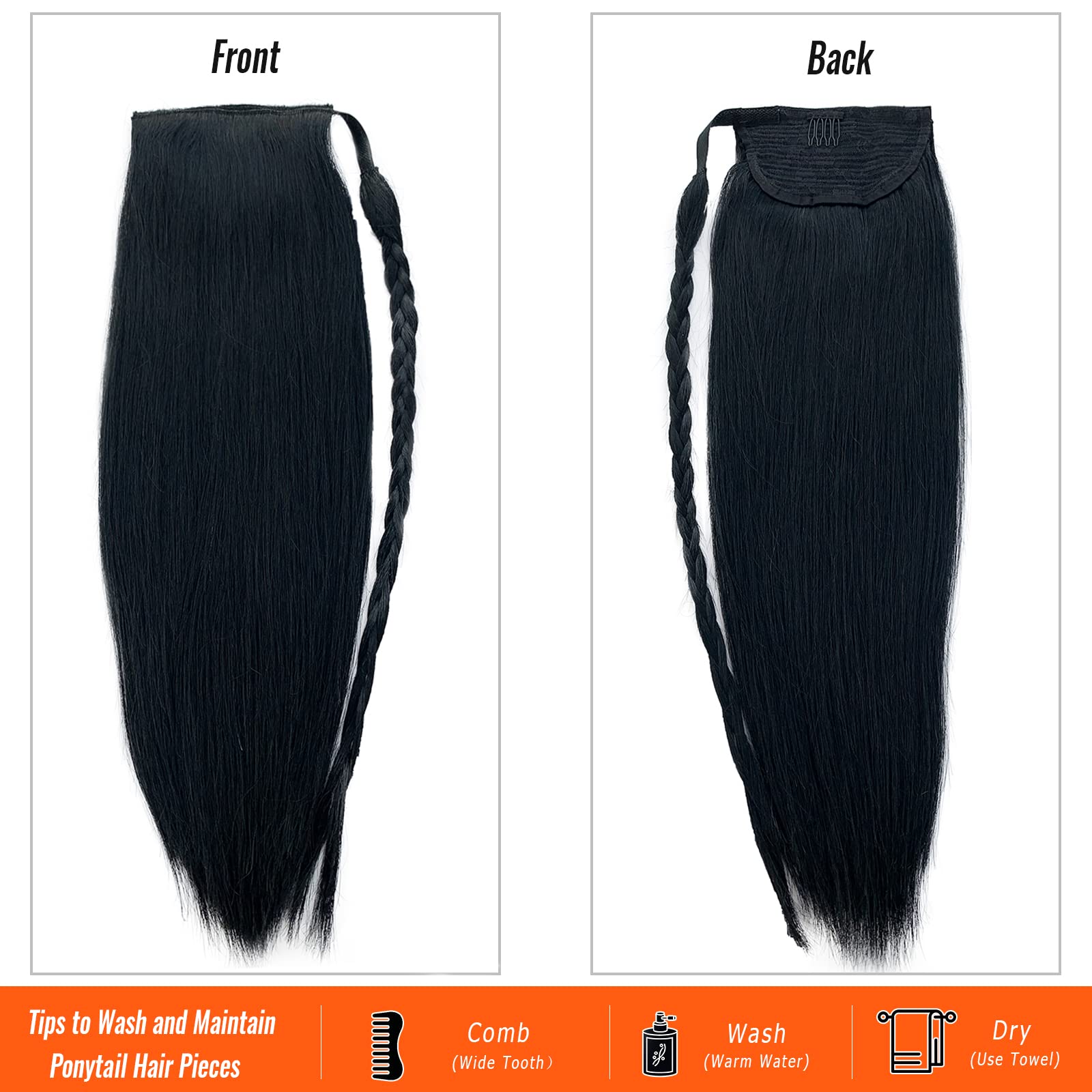Licoville 18 Inch Clip-in Ponytail Hair Extensions - 80g Silky Straight Virgin Human Hair for Black Women | Jet Black Wrap Around Ponytail | Perfect for Parties, Weddings & Everyday Styling