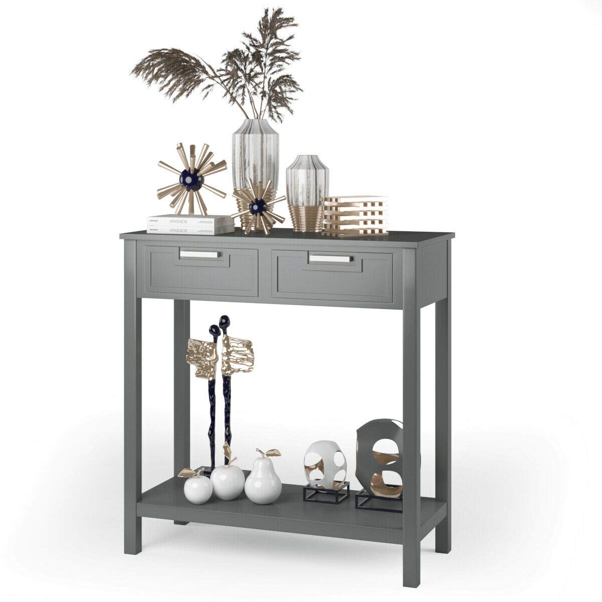 Modern Gray Entryway Sofa Accent Console Table with 2 Drawers - Sturdy Waterproof Storage Shelf for Bedroom, Living Room & Hallway - Perfect for Small Space Organization & Home Decor