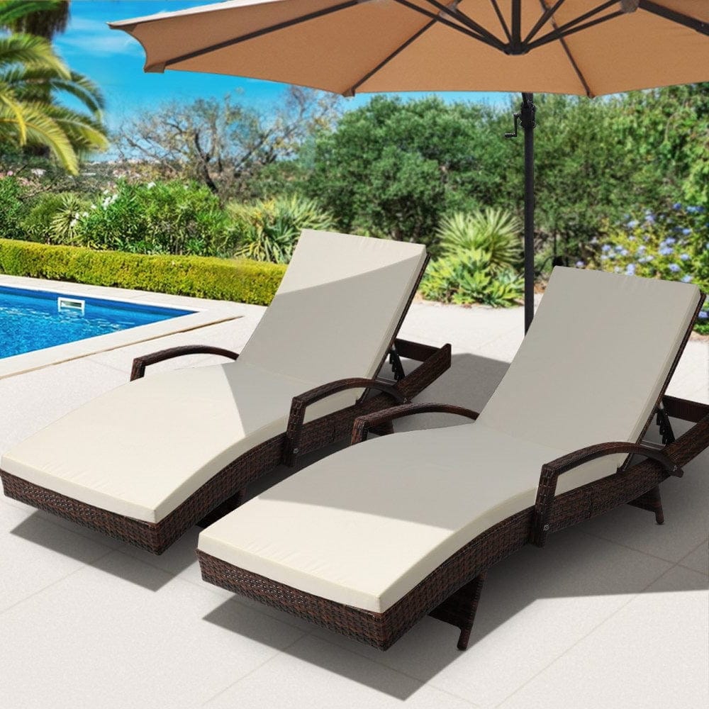 Two Sun Lounge Outdoor Furniture Day Bed Set - Rattan Wicker Patio Lounger in Brown | Perfect for Poolside, Garden & Backyard Relaxation