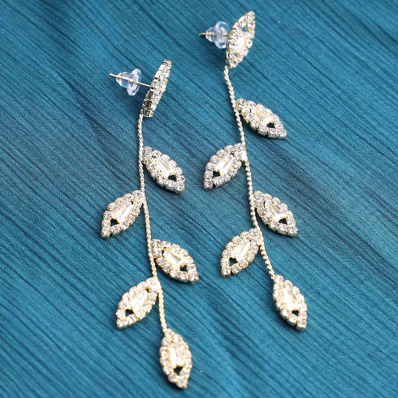 Crystal Leaf Drop Earrings - Gold CZ Tassel Dangle Earrings for Women | Elegant Wedding & Party Jewelry | Perfect for Bridal, Prom, and Special Occasions