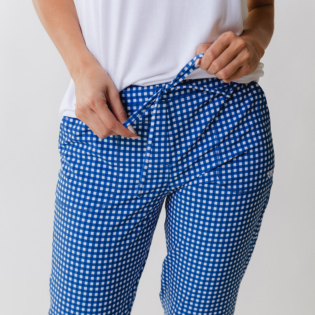 Blue Gingham Jetsetters - Stylish and Comfortable Travel Outfit for Women | Perfect for Vacations, Road Trips, and Summer Adventures