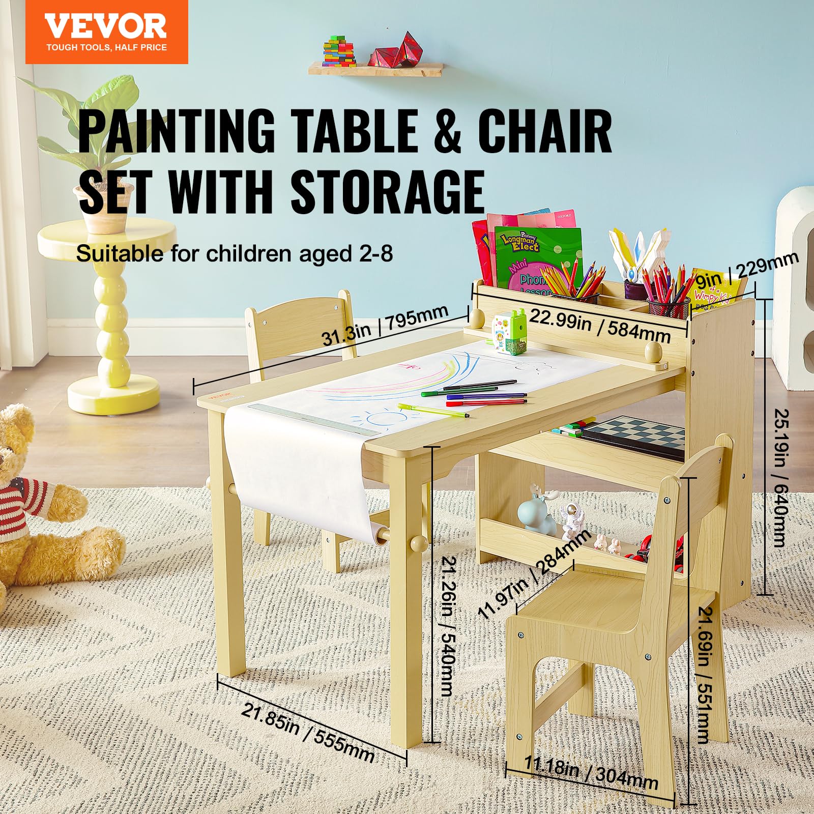 VEVOR Kids Art Table and 2 Chairs Set - 2-in-1 Wooden Toddler Activity Table for Crafts, Drawing, Learning & Play with Storage Cabinet - Perfect for Preschool, Homeschool & Playroom Activities