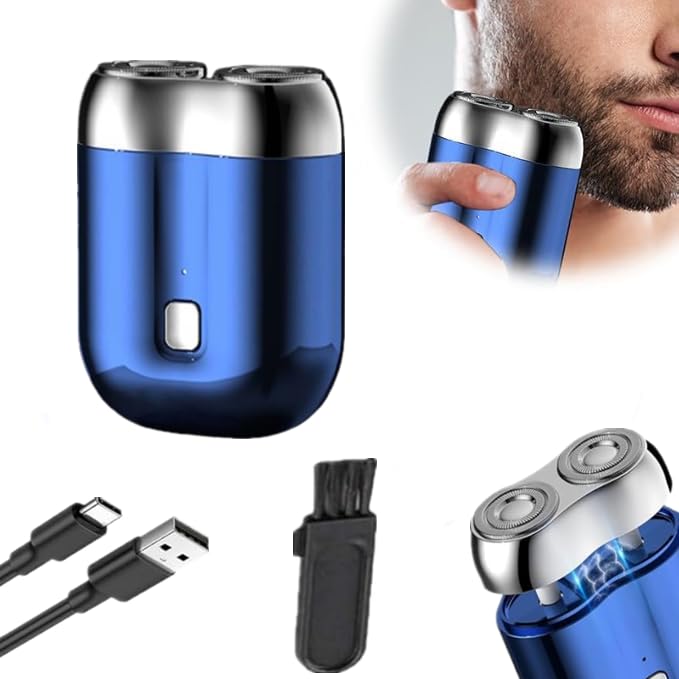 2025 New Mini Dual-Head Electric Shaver - Portable Pocket Size Washable Razor for Men, Double-Ring Shaving with Blue Design | Perfect for Travel, Gym & Daily Grooming