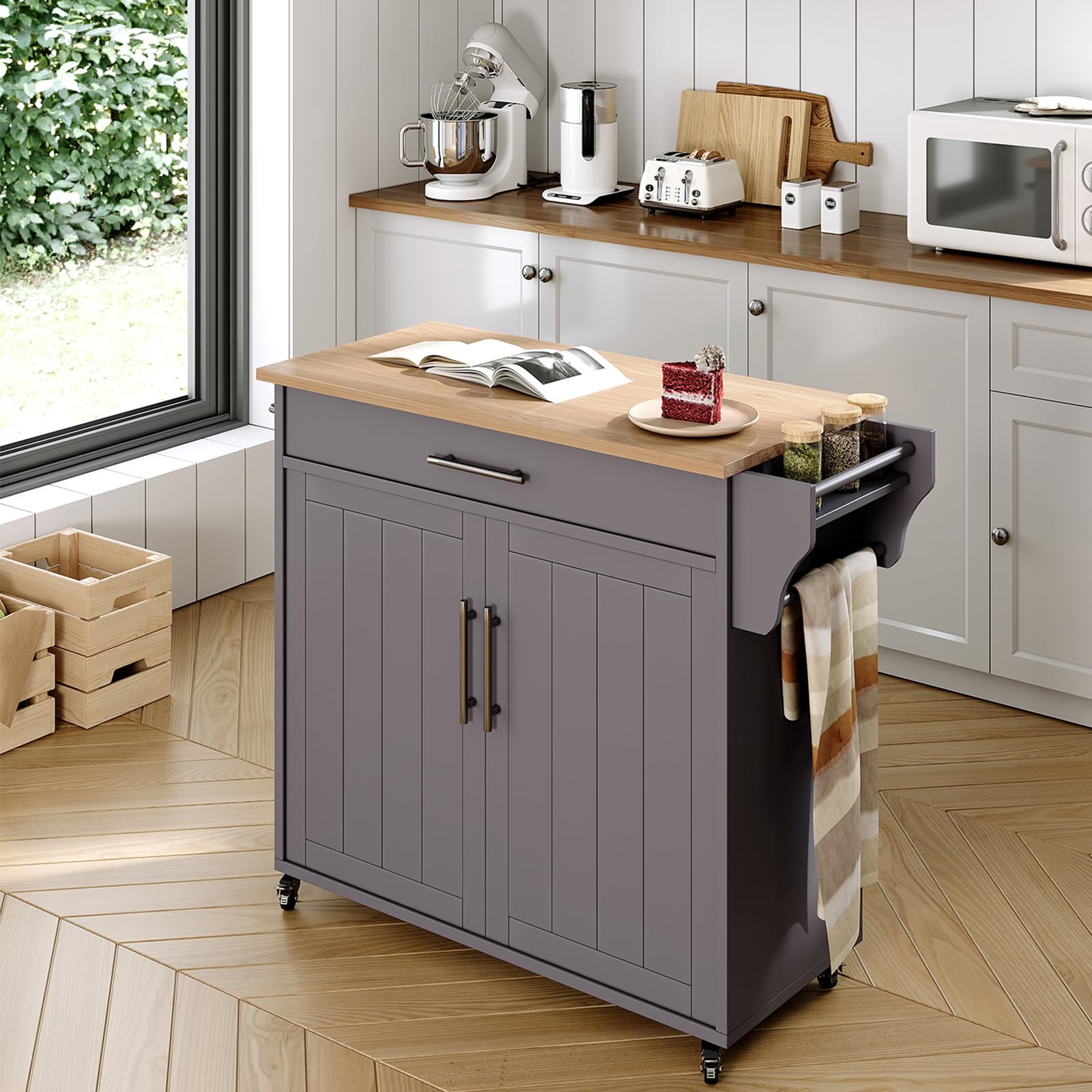Wooden Rolling Kitchen Island Cart with Countertop - Mobile Kitchen Storage on Wheels Featuring Towel Rack, Spice Rack & Drawers in Gray | Perfect for Small Kitchens, Apartment Living & Extra Counter Space