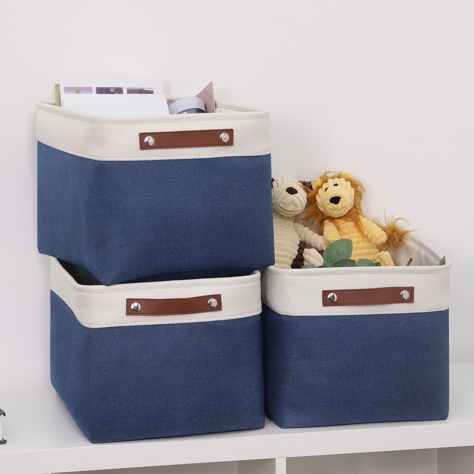 HNZIGE 3-Pack Large Fabric Storage Baskets with Leather Handles - 15