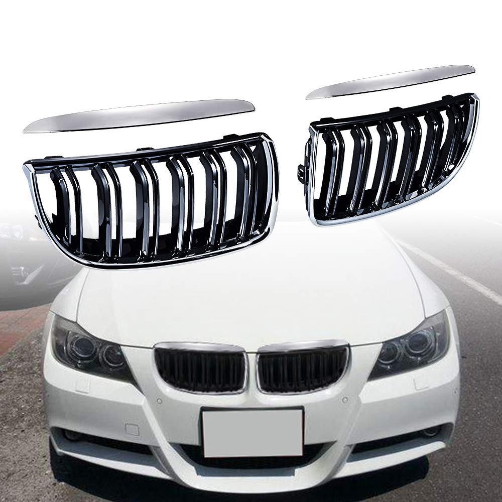 LR Glossy Black Chrome Dual Slats Front Kidney Grille for 2005-2008 BMW E90 E91 - Perfect Upgrade for Sedan & Wagon Models - Enhances Sporty Look & Front-End Protection