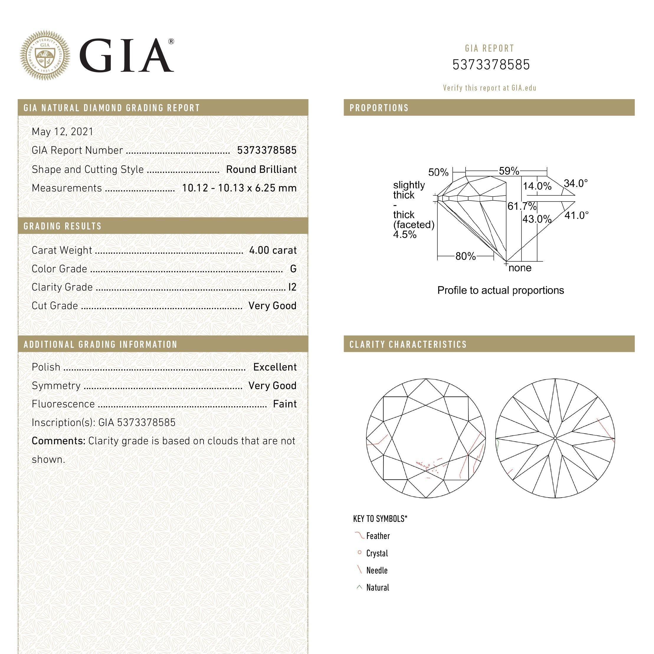 4.00ct GIA Certified Fancy White Round Brilliant Diamond - 10.13x10.12x6.25mm I2 Clarity for Engagement Rings & Fine Jewelry