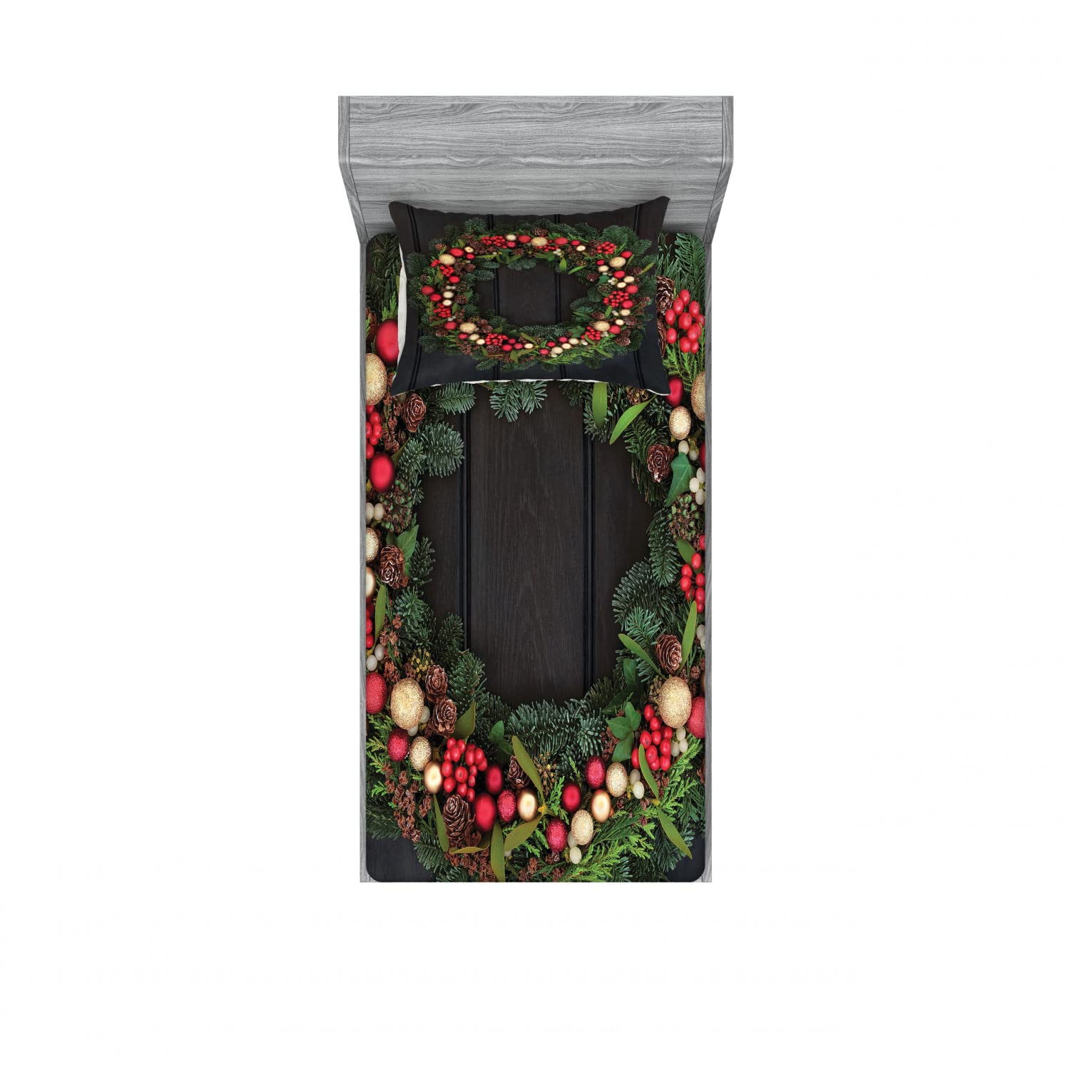 Ambesonne Christmas 2-Pack Twin XL Fitted Sheet & Pillow Sham Set - Festive Fir Wreath Design, 4-Piece Holiday Bedding Decor (2 Fitted Sheets + 2 Pillow Covers) for Cozy Winter Nights & Christmas Home Decor
