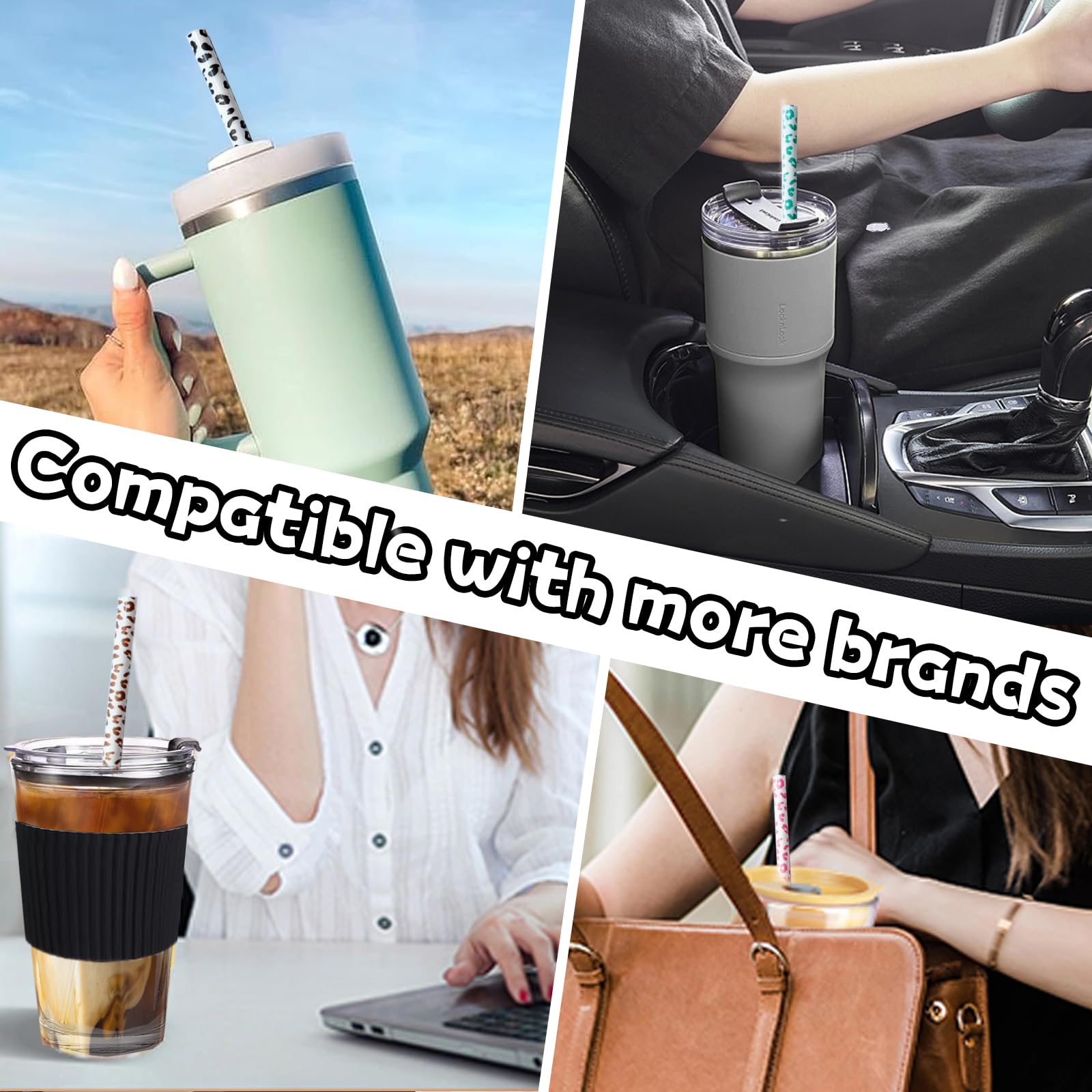 40oz Replacement Straws 8 Pack - Extra Long 12 Inch Reusable Drinking Straws for Tumbler, Iced Coffee & Smoothies | Leopard & Cheetah Print Design | Perfect for Stanley Cups, Cold Drinks & Outdoor Activities