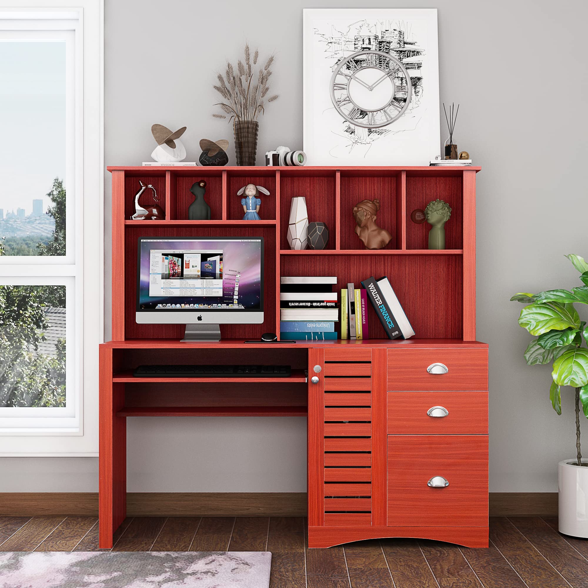 Modern Home Office Computer Desk with Hutch - Solid Teak Wood Workstation for Remote Work & Study - Perfect for Small Spaces & Productivity