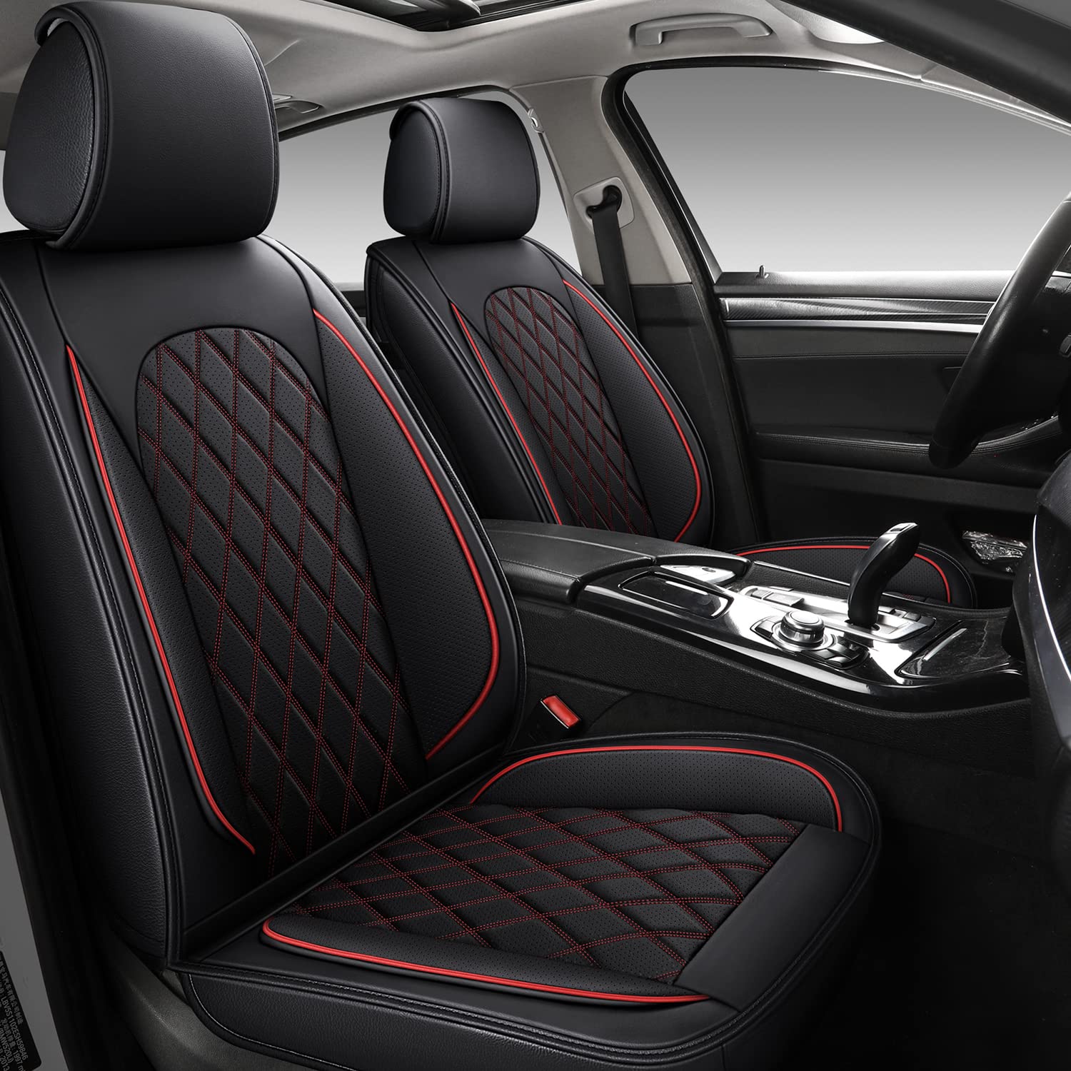 Premium Red Faux Leather Car Seat Covers - Universal Fit for Sedan, SUV & Trucks - Diamond Stitched Auto Interior Protector (Full Set) - Perfect for Daily Commute & Road Trips