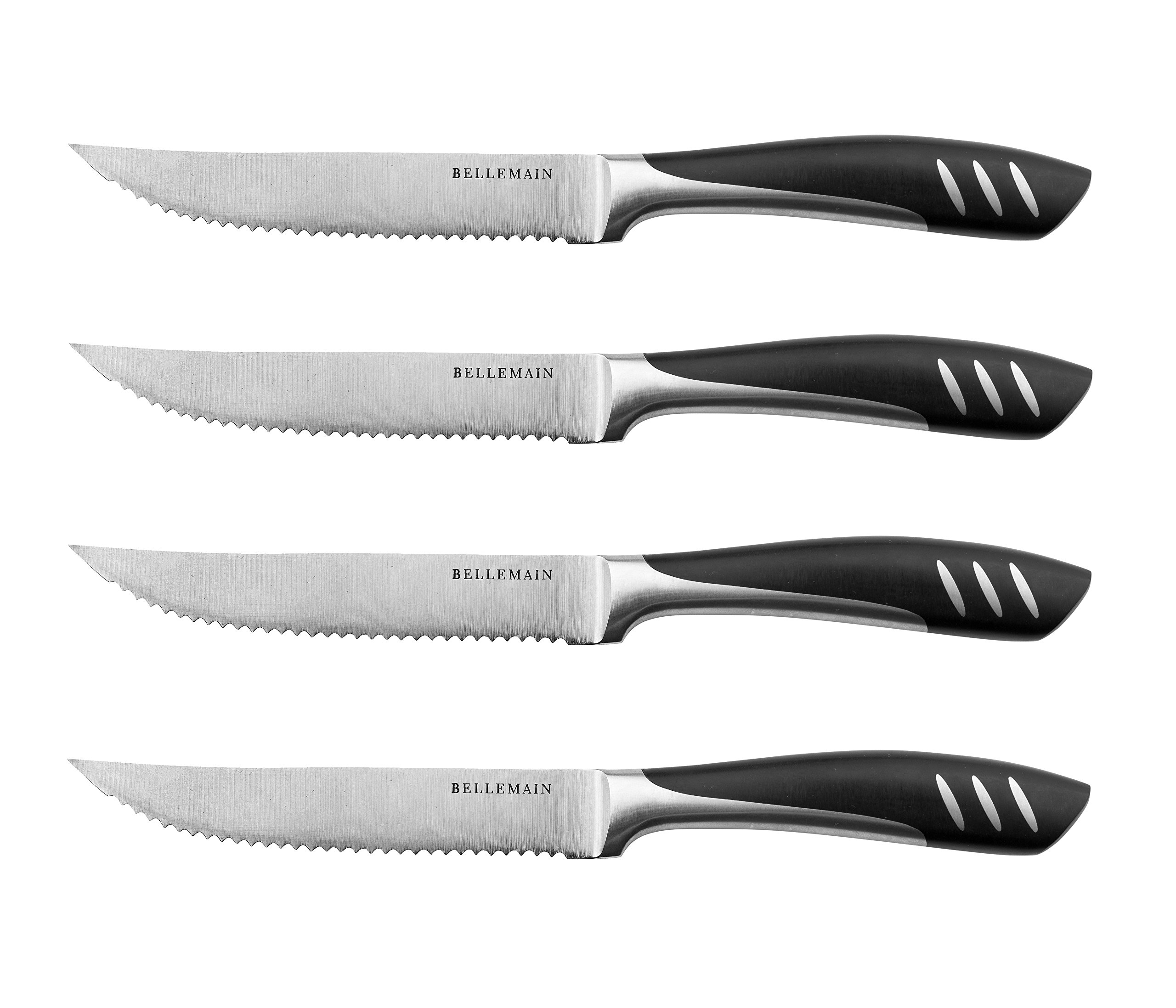 Bellemain 4-Piece Serrated Steak Knife Set - Ultra Sharp Black Dinner Knives for Meat, BBQ & Gourmet Meals | Perfect for Steakhouse Dining, Home Entertaining & Outdoor Grilling