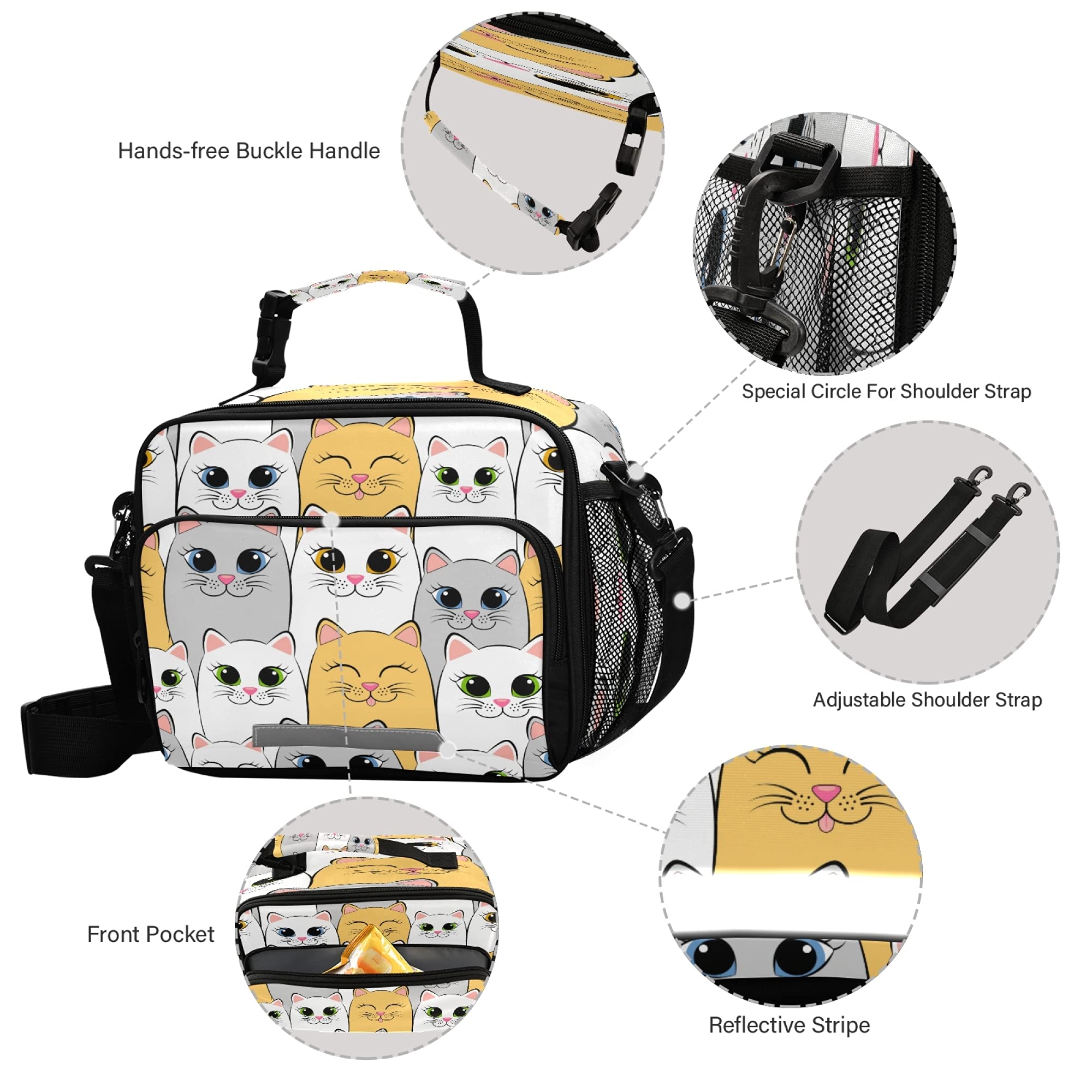Cute Insulated Cat Lunch Box for Girls - Kitten Themed School Lunch Bag for Teens, Kids & Toddlers | Leakproof Cooler Tote with Ice Pack Compartment, Fits Bento Boxes & Water Bottle Holder | Perfect for School, Picnics, Work & Outdoor Activities