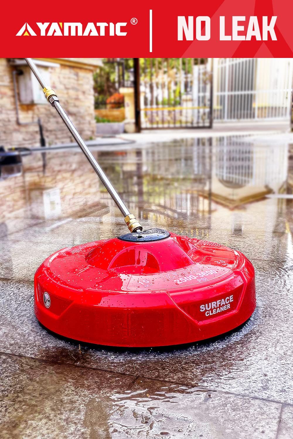 YAMATIC 15 Inch 3600PSI Pressure Washer Surface Cleaner with 2 Extension Wands - Professional Power Washer Attachment for Driveway, Deck, Patio & Concrete Cleaning (Red, 15
