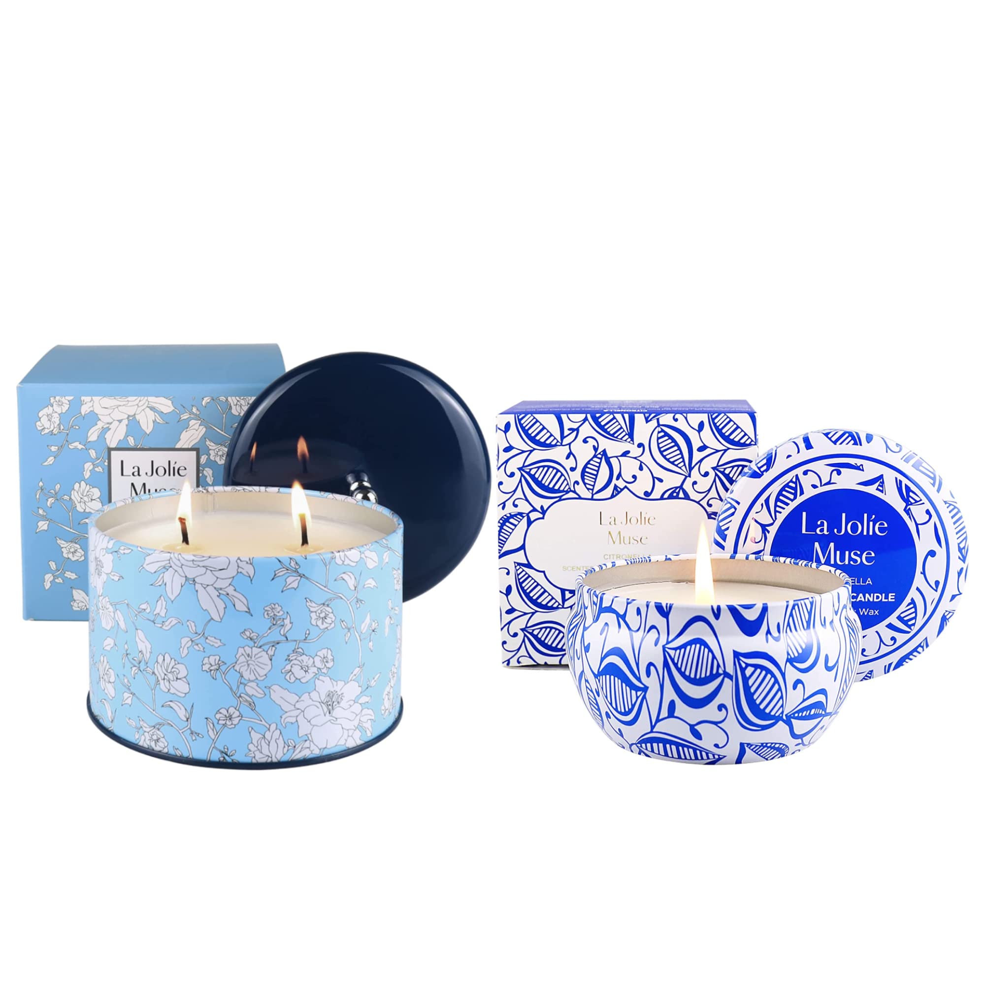 LA JOLIE MUSE Citronella Candles for Outdoor Use - Large Natural Soy Wax Scented Candle in Travel Tin (14.1oz & 6.5oz Sizes) - Perfect for Patio, Garden, Camping & Mosquito Repellent
