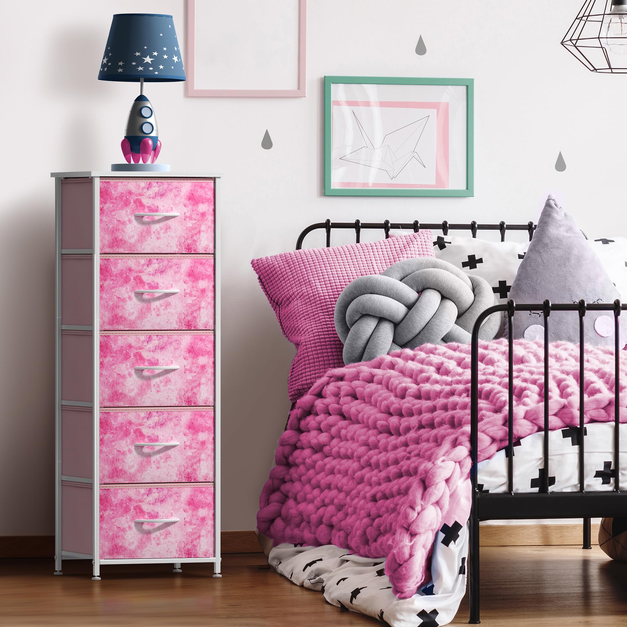 Sorbus 5-Drawer Fabric Dresser for Kids - Tall Storage Tower with Steel Frame & Wood Handles, Tie-Dye Pink - Perfect for Bedroom, Closet, Playroom & Nursery Organization