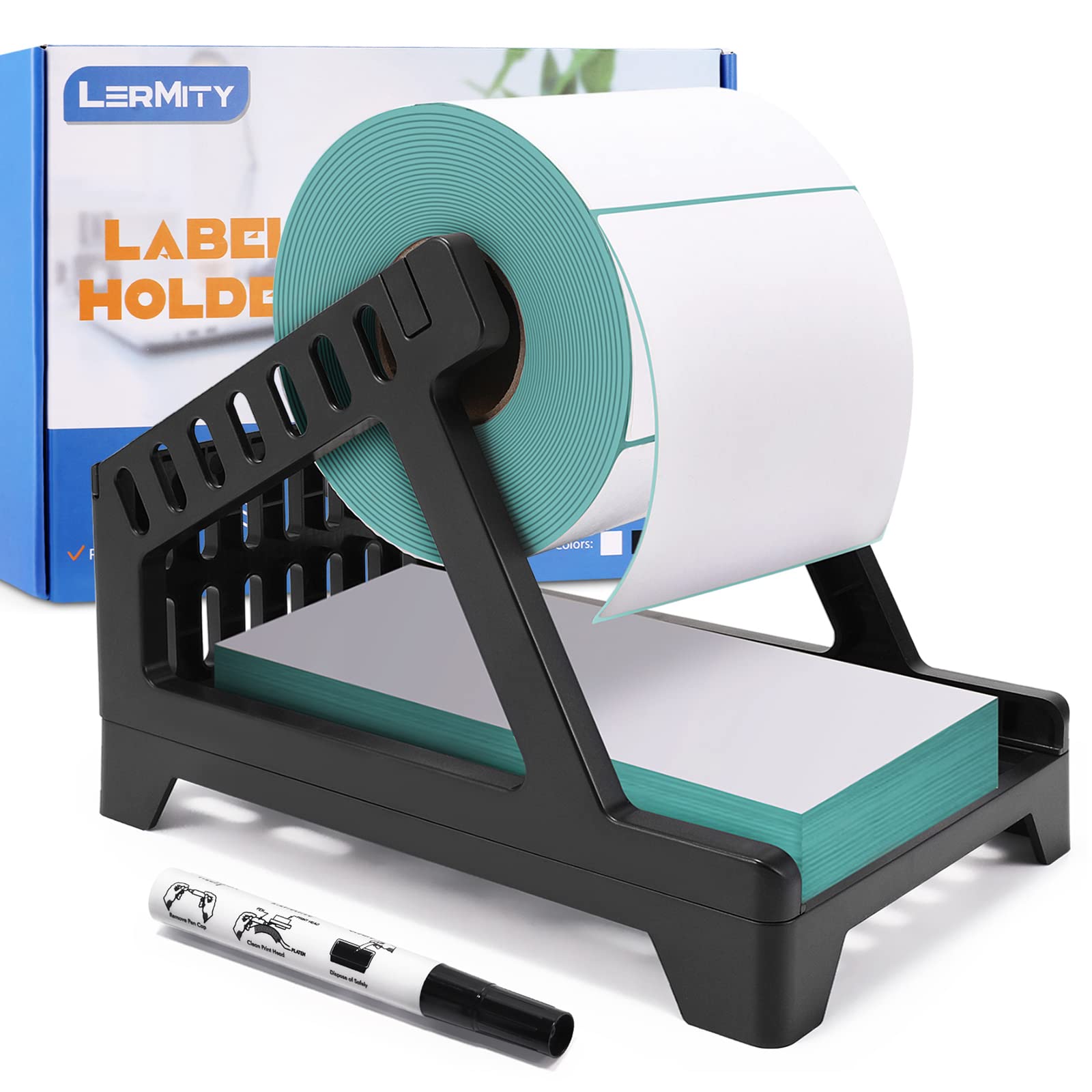 Thermal Label Holder for Shipping Labels - Compatible with Rolls & Fanfold Labels - Desktop Label Stand for Home & Office Use - Durable Black Printer Accessory (Ideal for E-commerce, Warehouse, and Shipping Departments)