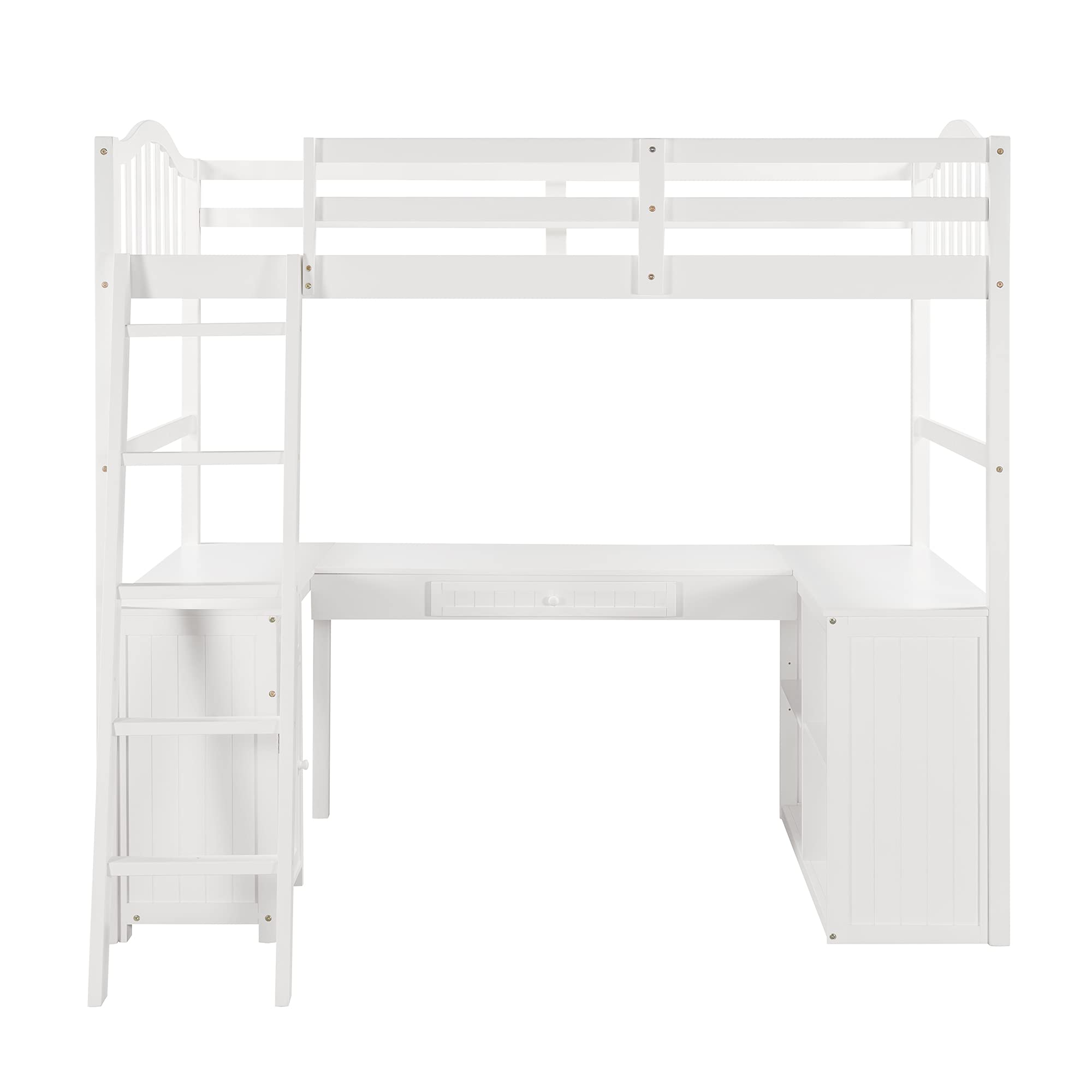 **Twin Size Wooden Loft Bed for Kids with Desk, Drawers, Cabinet & Shelves - Space-Saving Multi-Functional Bed Frame - Perfect for Small Bedrooms, Dorms & Kids' Rooms (White)**