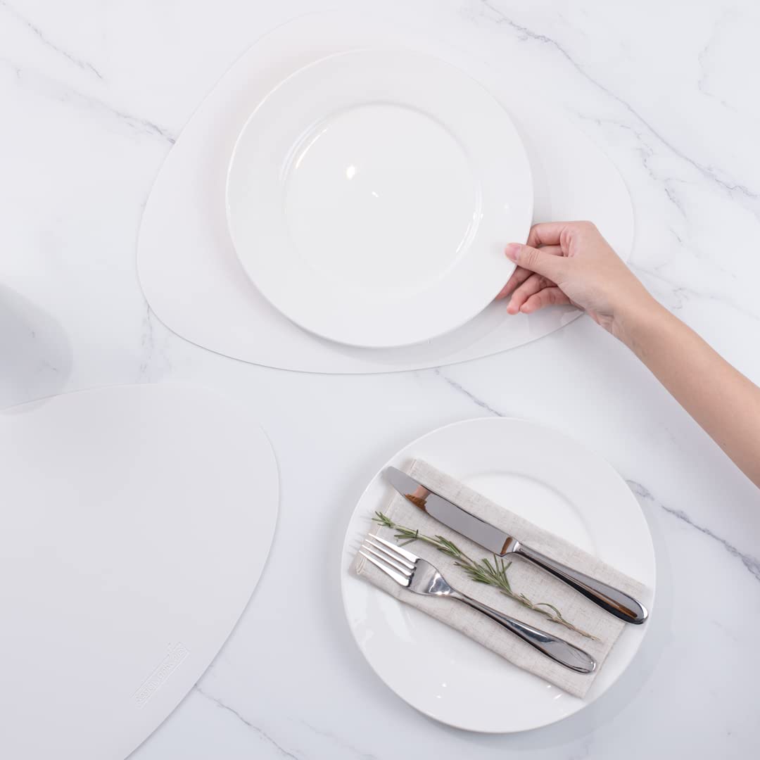 16 Inch White Vinyl Placemats Set of 6 - Egg-Shaped, Stain-Resistant, Embossed Leather-Like Texture for Table Protection - Perfect for Dining Tables, Restaurants, and Home Decor