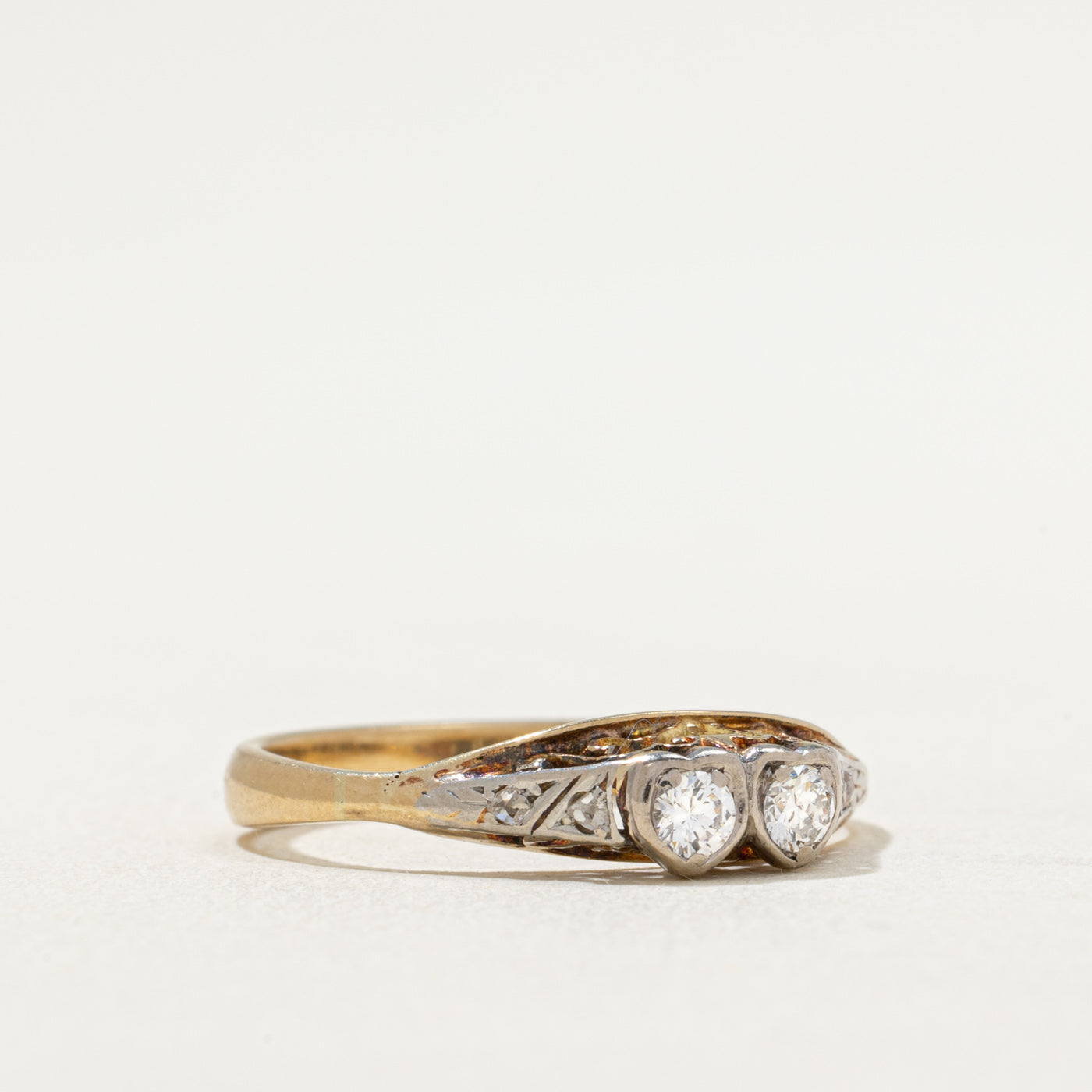Antique Two Stone Diamond Heart Ring - 0.16ctw (0.16 Carat Total Weight) - Size 8.25 - Vintage Style Engagement Ring, Promise Ring or Anniversary Gift for Her - Perfect for Valentine's Day, Weddings & Special Occasions