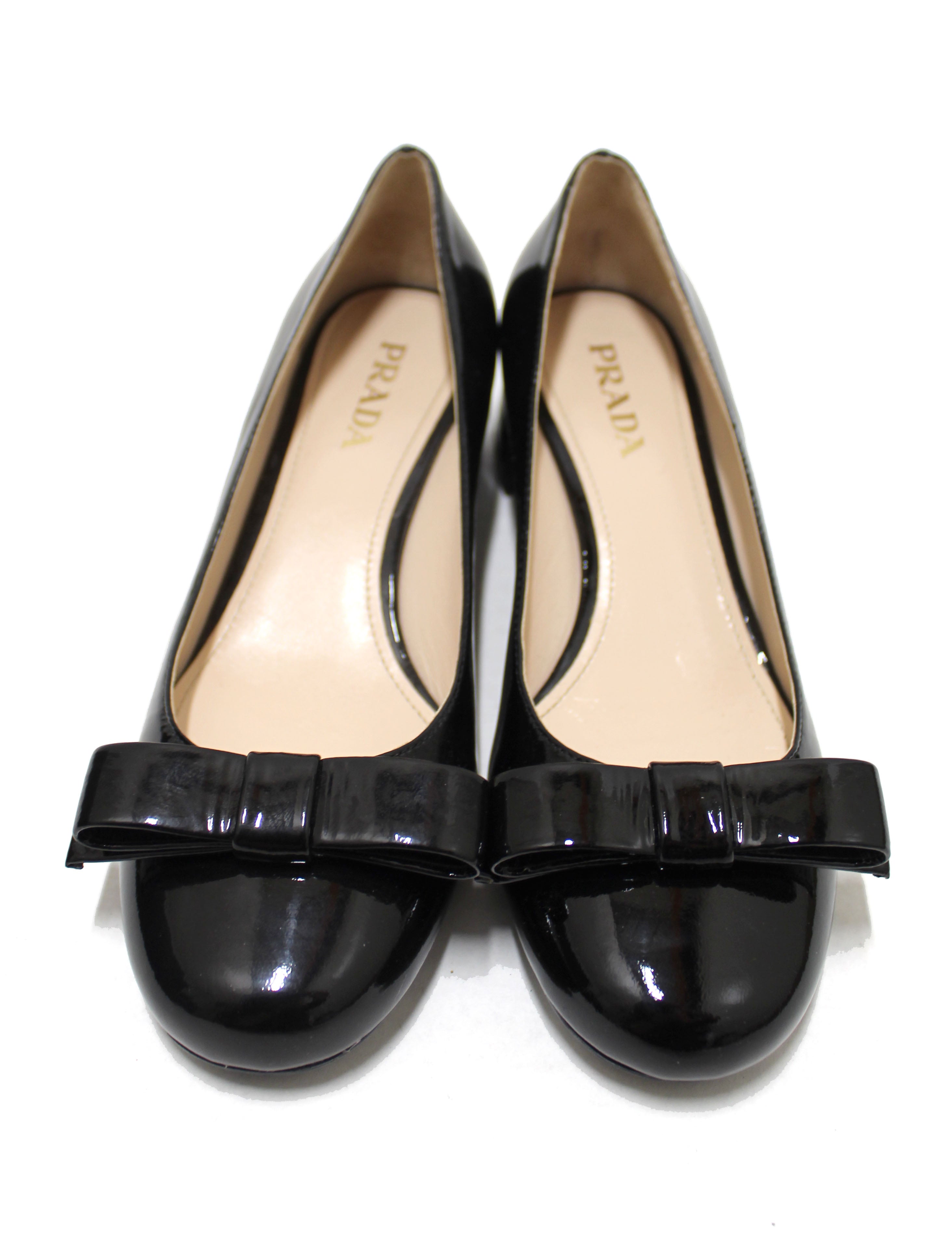 Authentic Prada Black Patent Leather Bow Pumps - Women's Size 37 (US 7) | Elegant Pointed Toe Heels for Weddings, Parties & Formal Events