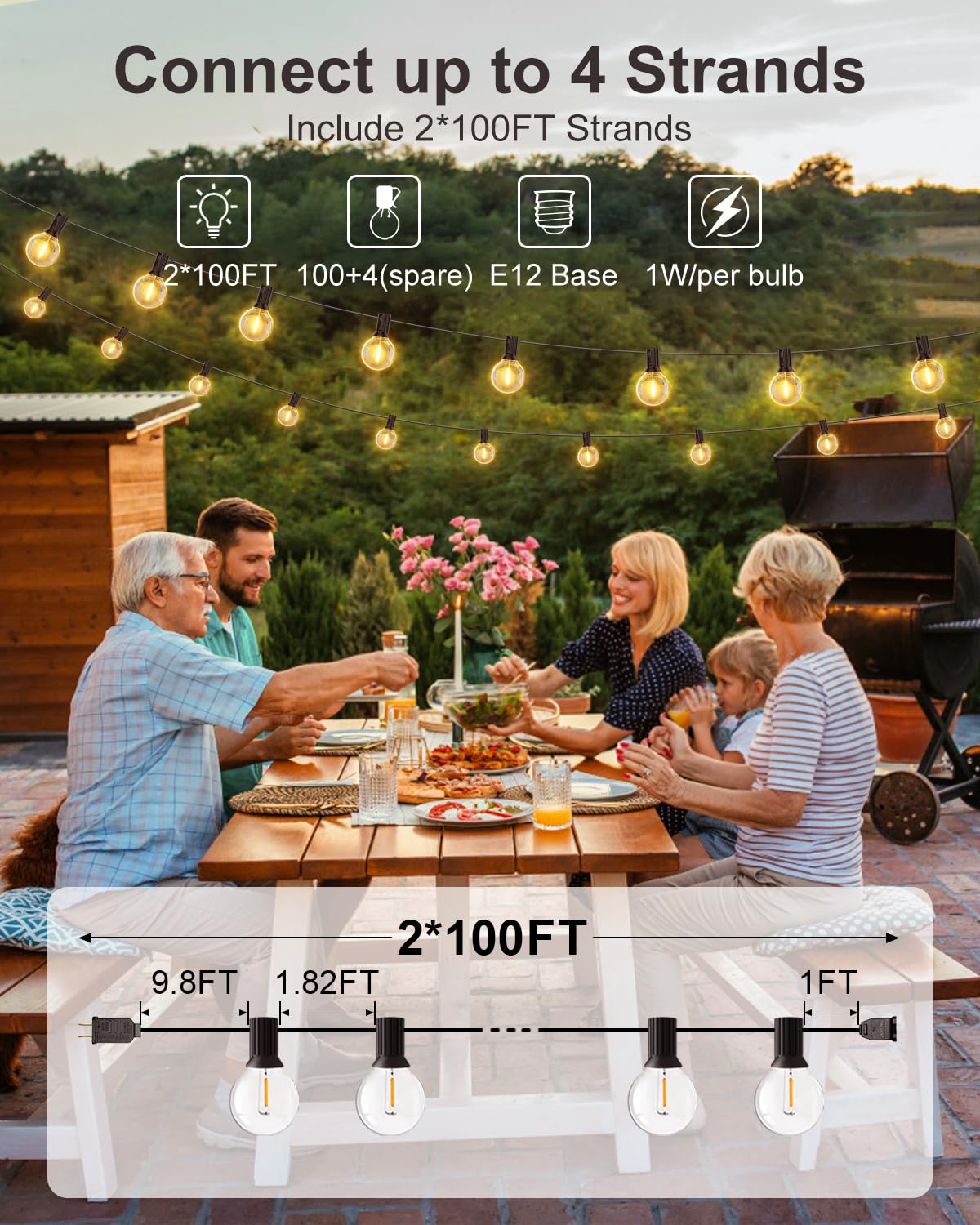 GLUROO 200FT Outdoor String Lights (100FT x 2) - G40 LED Patio Lights with 104 Bulbs, Waterproof Shatterproof Dimmable Globe Lights for Backyard, Garden, Cafe, Bistro - Perfect for Parties, Weddings & Outdoor Dining