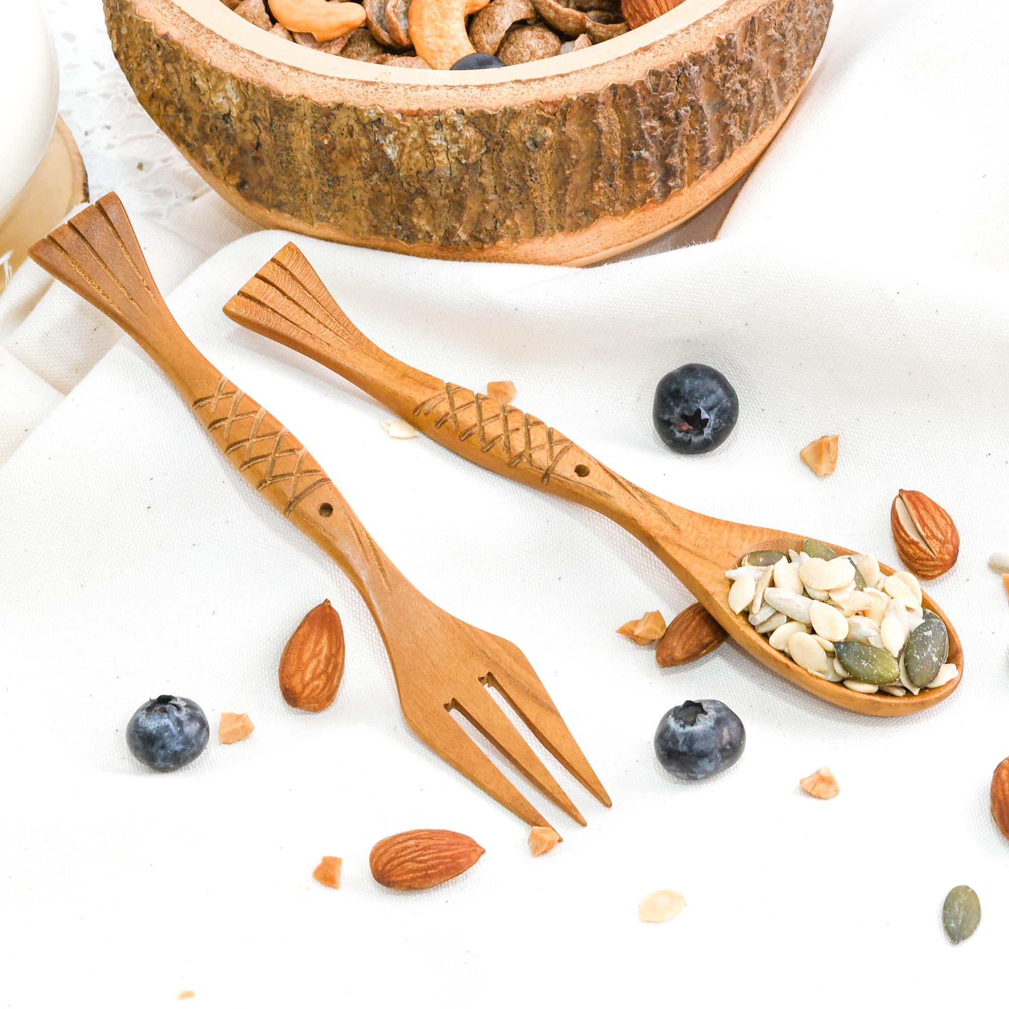 AeraVida Stylish Teak Wood Spoon and Fork Set - Handcrafted Fish Carved Cutlery for Lunch Box, Picnics, Camping & Travel | Eco-Friendly Wooden Utensils | Durable & Lightweight Dining Set