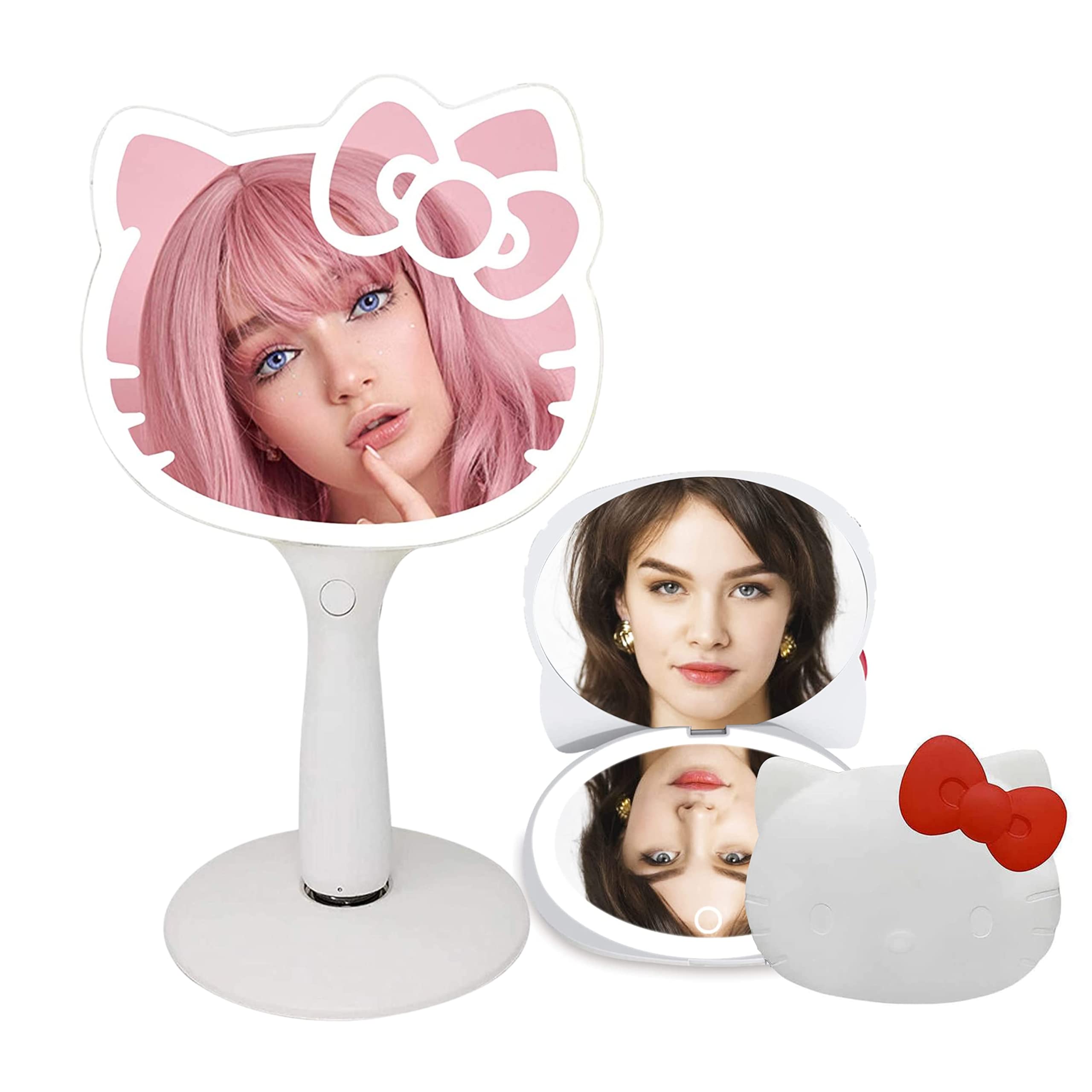 Hello Kitty LED Makeup Mirror with Touch Sensor, Adjustable Brightness & Stand - Portable Vanity Mirror for Home, Travel & Professional Makeup Application (White)