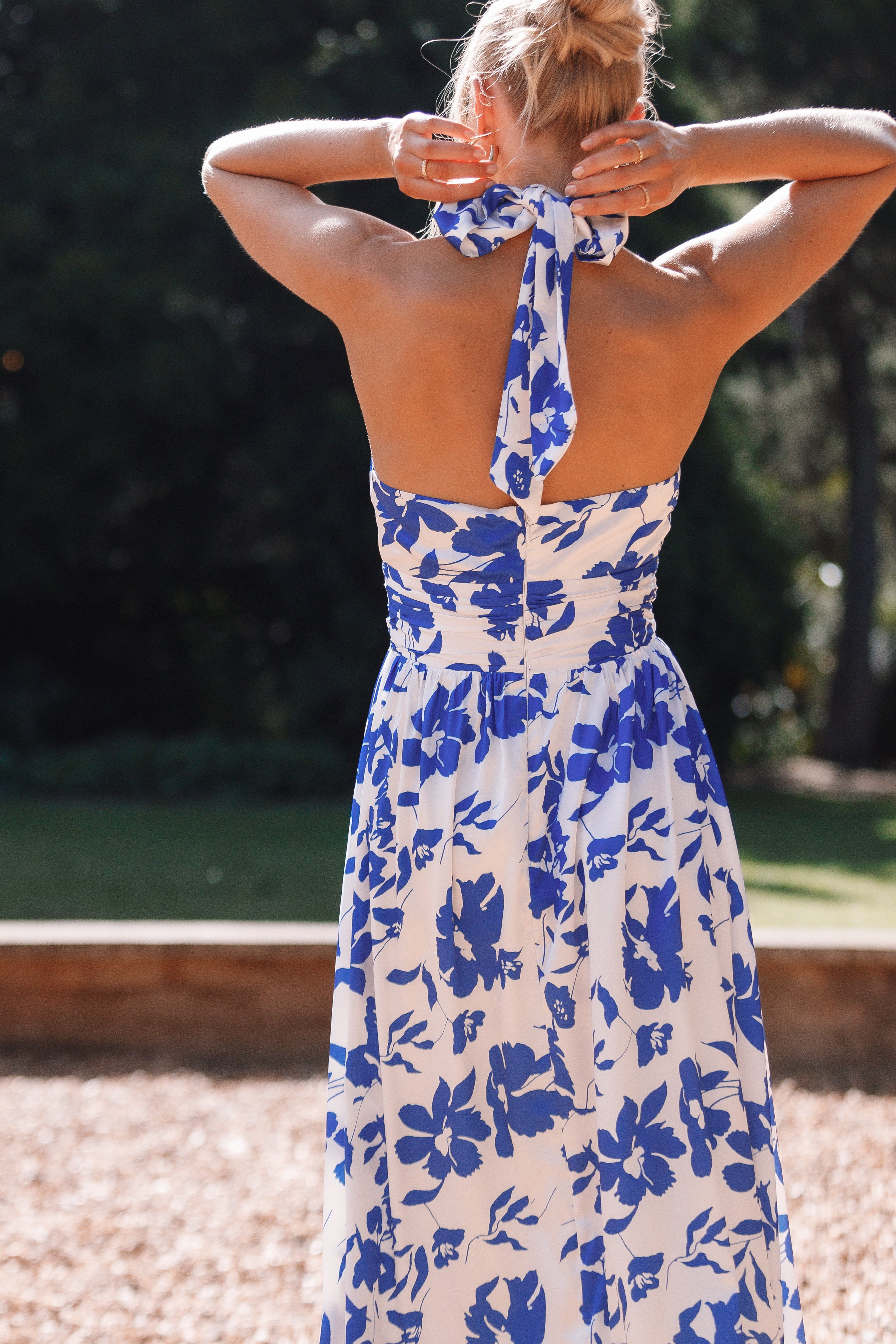 Allora Women's Halter Dress - Blue Floral Print Summer Sundress for Beach Vacation & Casual Outings