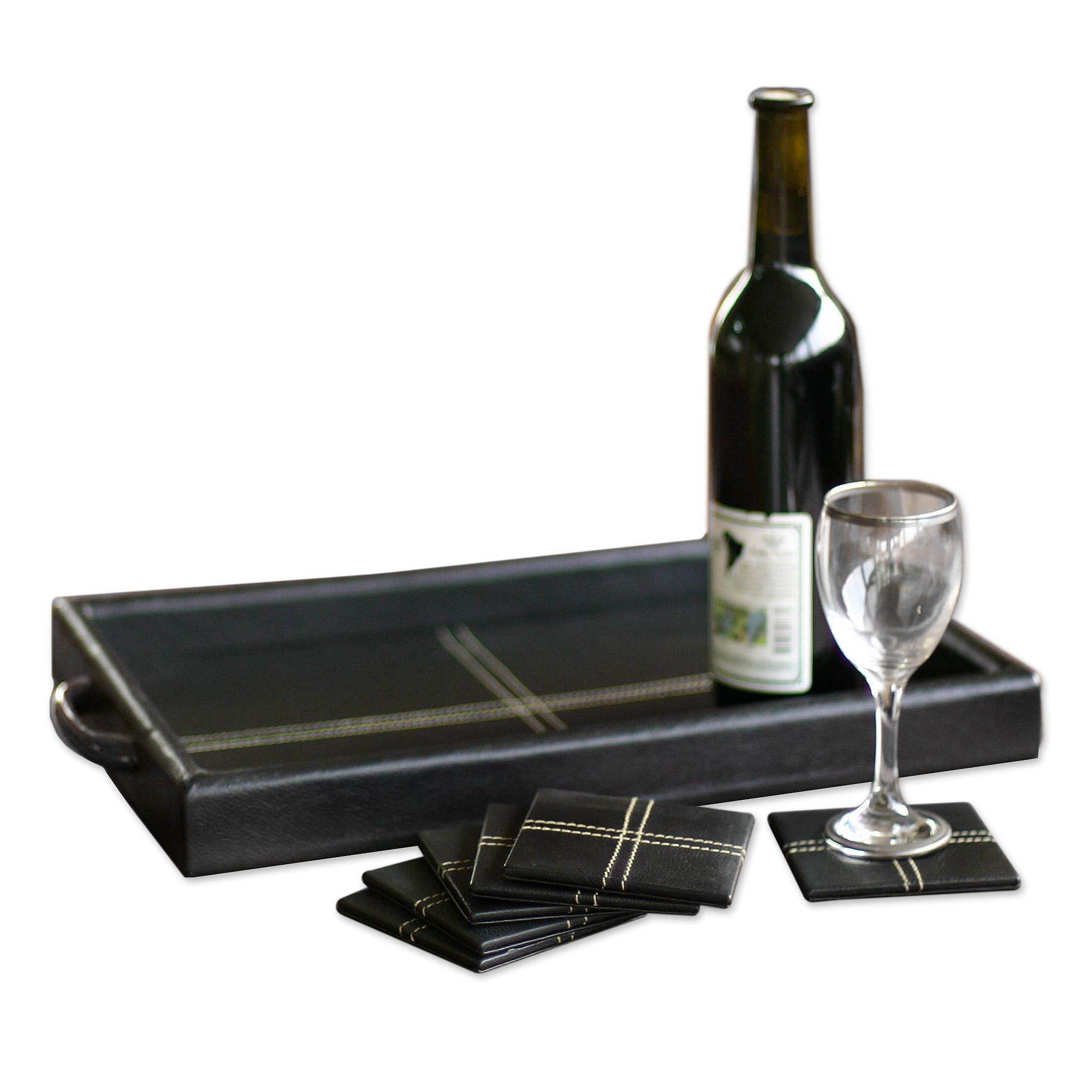 Premium NOVICA Leather & Cedar Coaster Set - Black Tie (Set of 6) | Elegant Drink Coasters for Wine, Cocktails & Home Decor