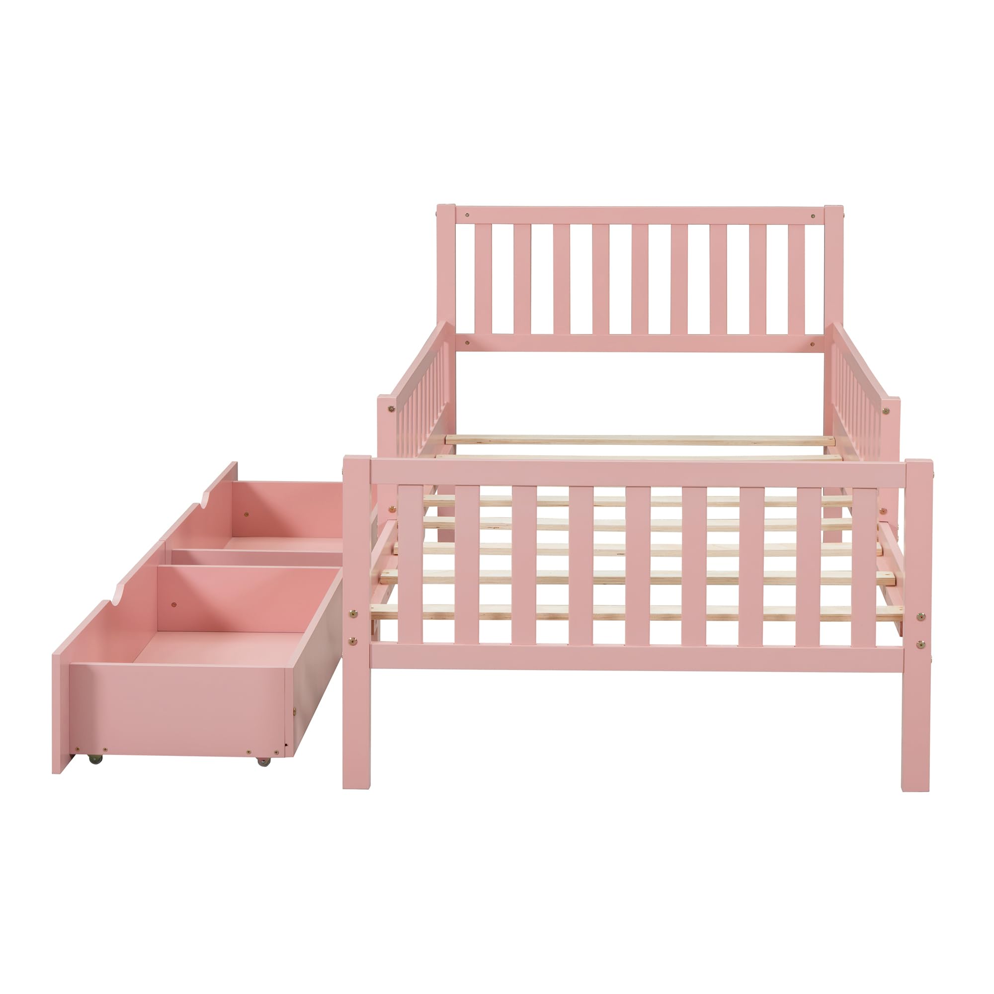Pink Twin Size Kids Bed Frame with Guardrails, Low Platform Bed with Headboard & Footboard - 2 Storage Drawers for Boys & Girls | Perfect for Small Bedrooms, Daycare Centers & Kids' Sleepovers