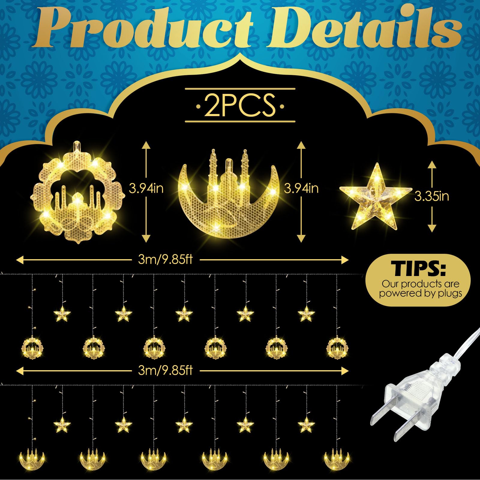 Riakrum 2 Pack 9.84ft LED Fairy Curtain Lights with Star Moon Castle Design - Indoor Window Decor for Ramadan, Eid, Christmas, Wedding & Holiday Parties - Perfect for Home Decoration and Festive Gifts
