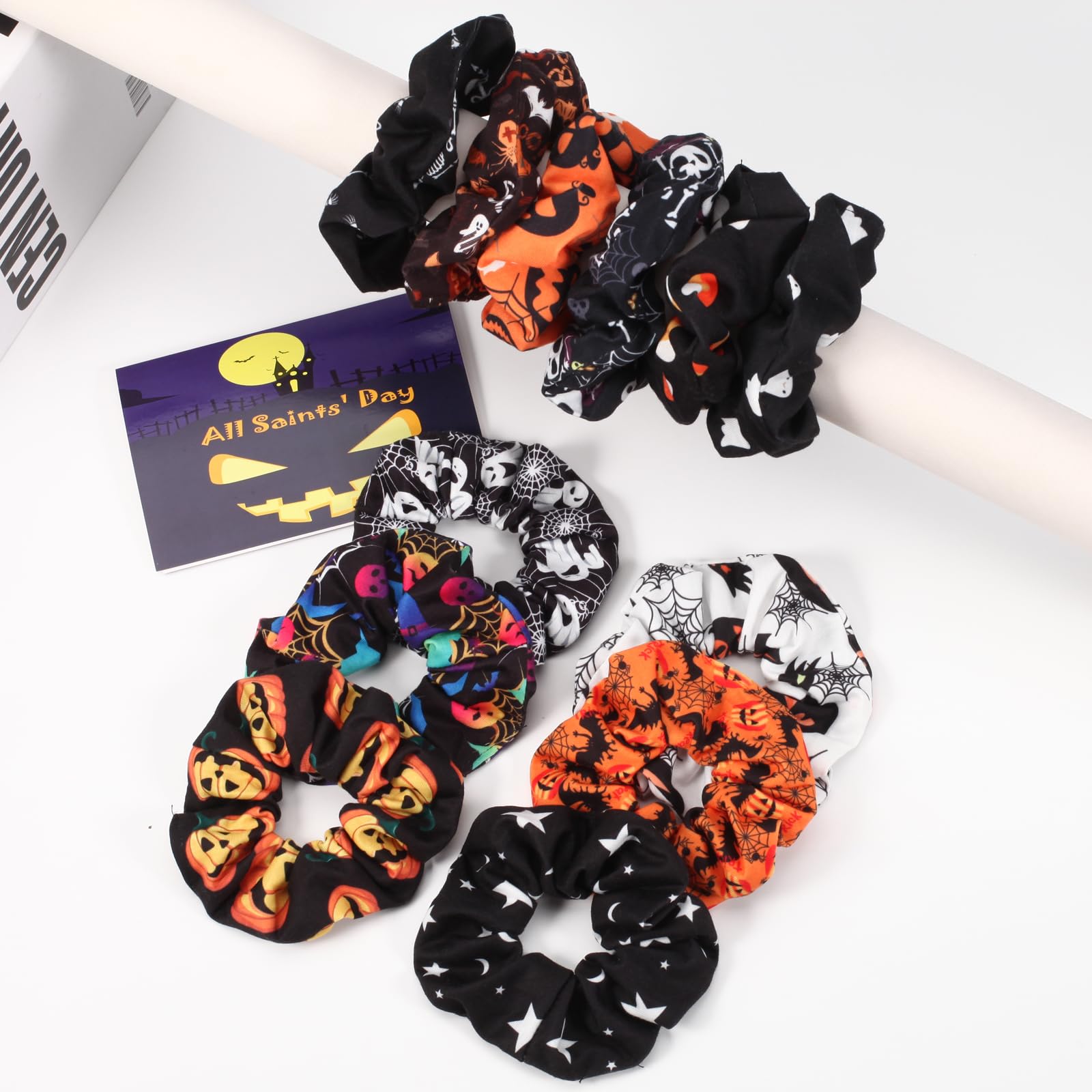 Spooky Halloween Hair Scrunchies Set - 12 PCS Pumpkin, Skull, Ghost, Bat, Star & Moon Hair Ties for Women & Girls | Cute Fall Hair Accessories for Costume Parties, Trick or Treat, Halloween Gifts & Daily Use