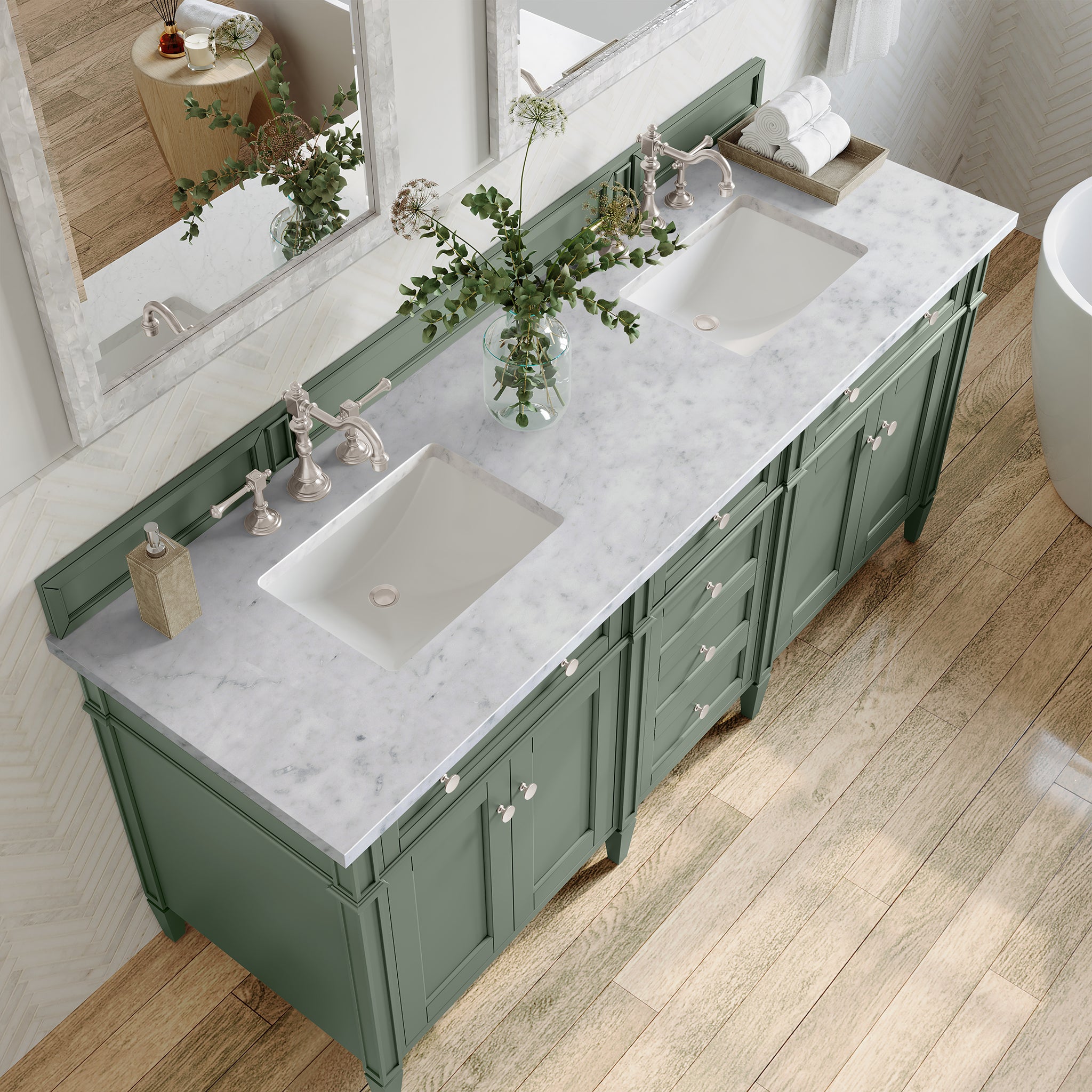 Brittany 72 Inch Double Vanity with Smokey Celadon Finish and 3CM Carrara Marble Top - Perfect for Modern Bathroom Renovation and Luxury Home Decor