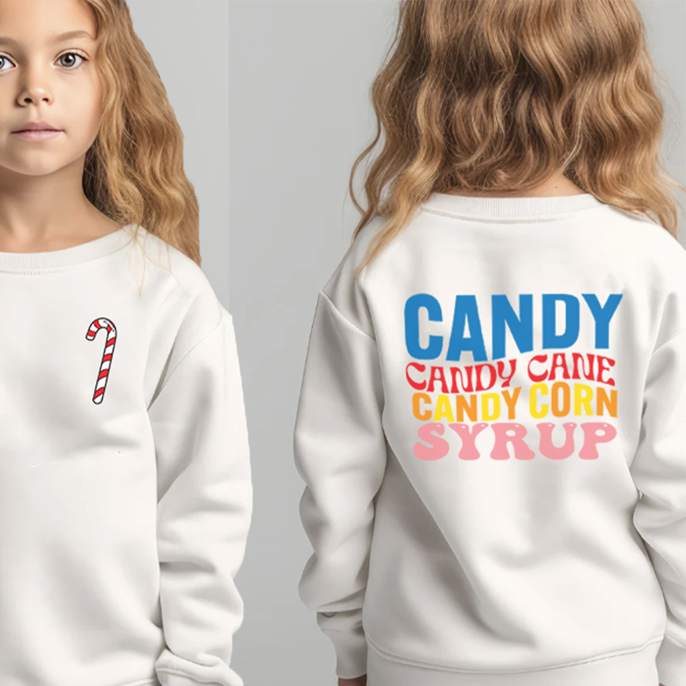 Kids' Candy Print Sweatshirt - Candy Cane, Candy Corn & Syrup Graphic Hoodie for Boys & Girls | Perfect for Halloween, Christmas & Birthday Parties